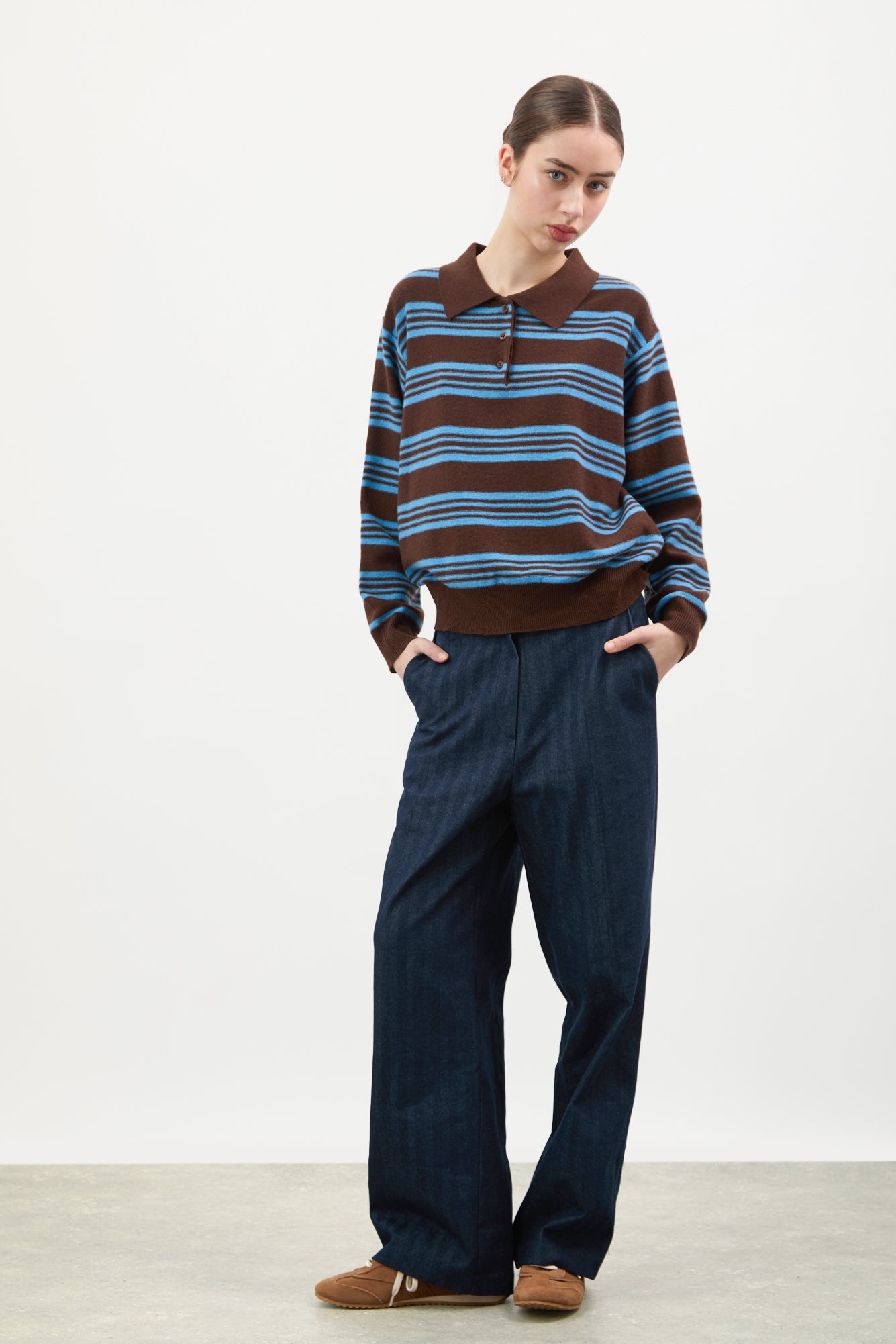 Brown and cobalt blue striped pure wool rugby jumper_3