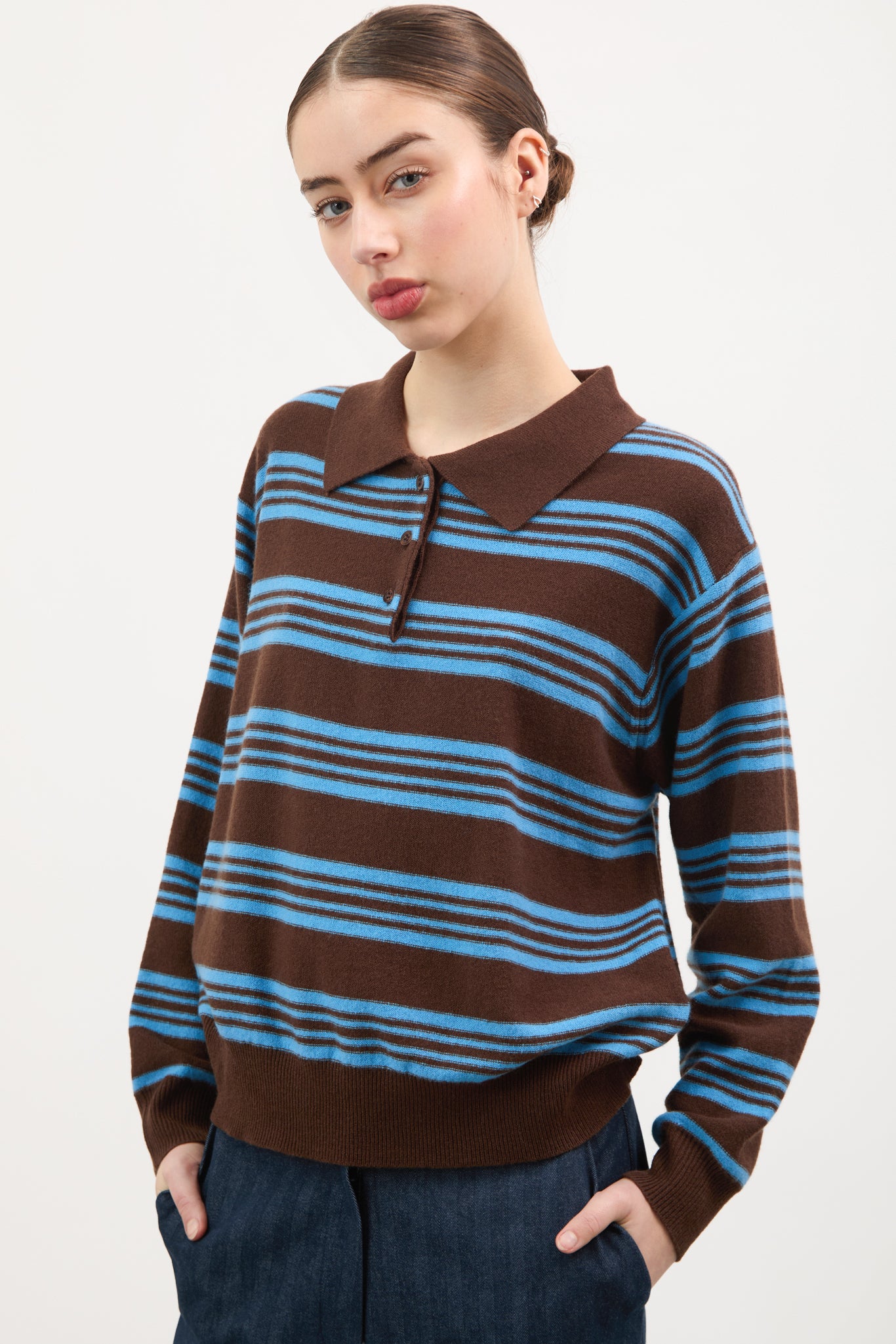 Brown and cobalt blue striped pure wool rugby jumper_1