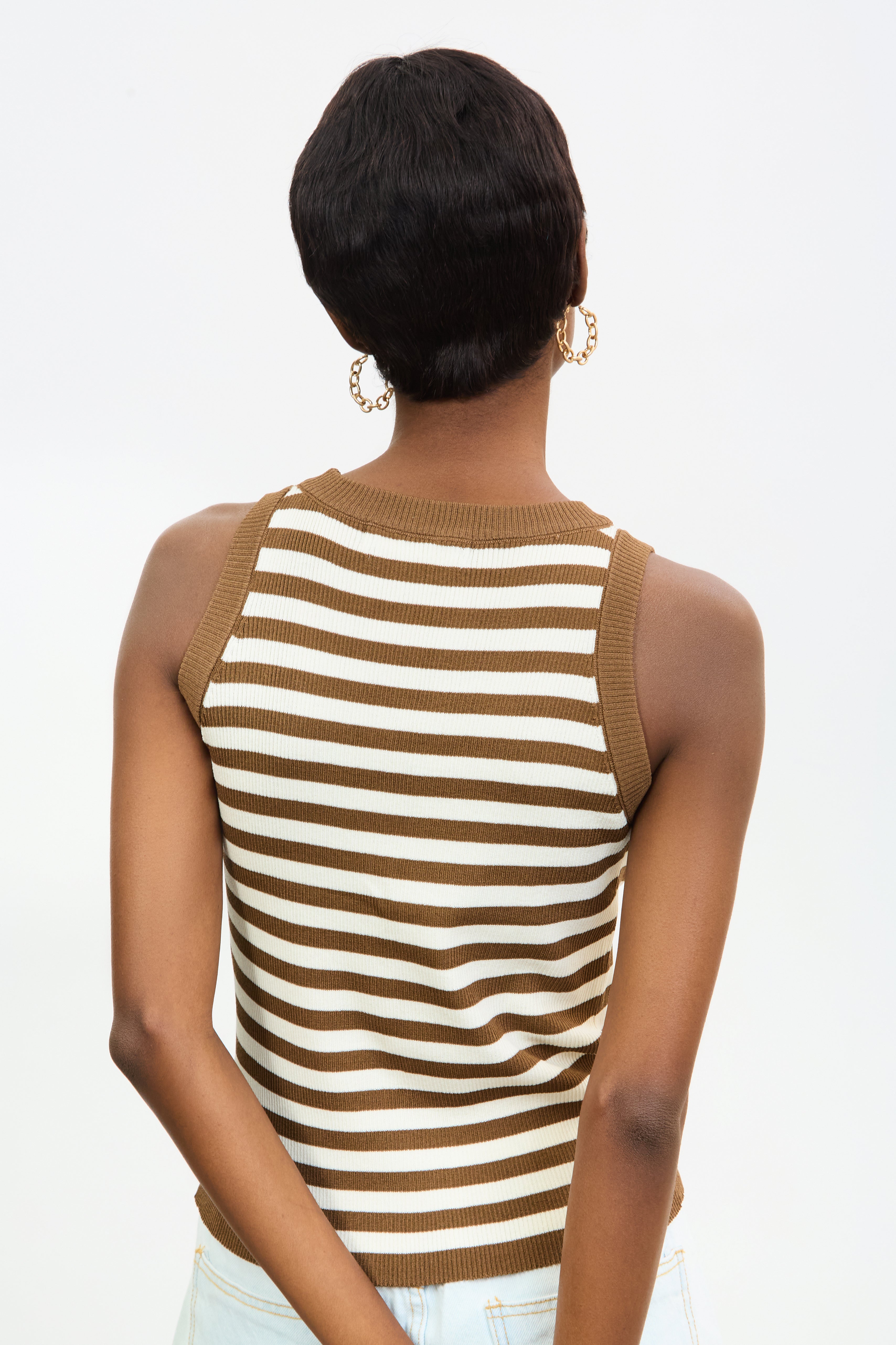Brown and ivory striped contrast trim tank_2