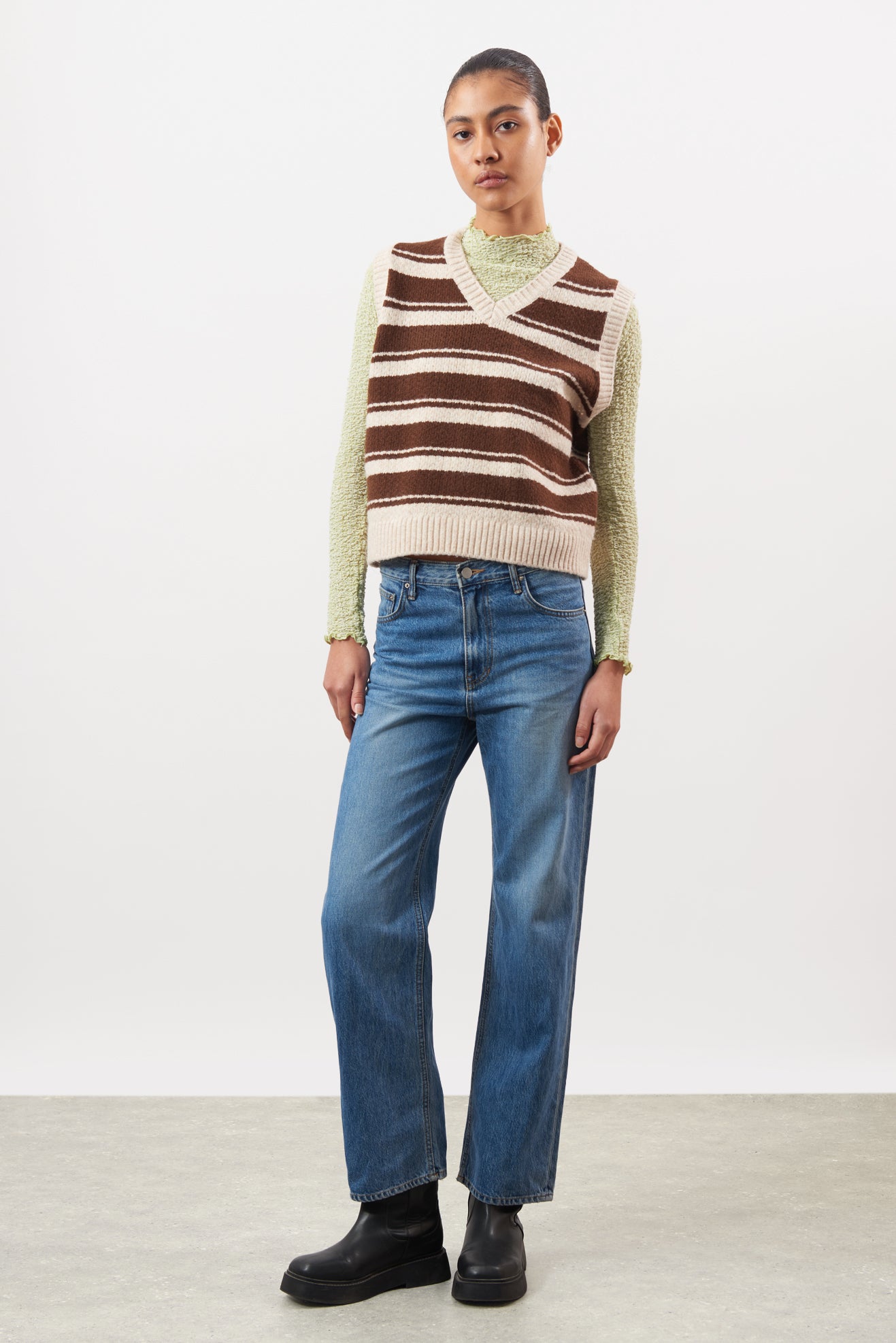 Brown and ivory textured striped wool blend sweater vest_4