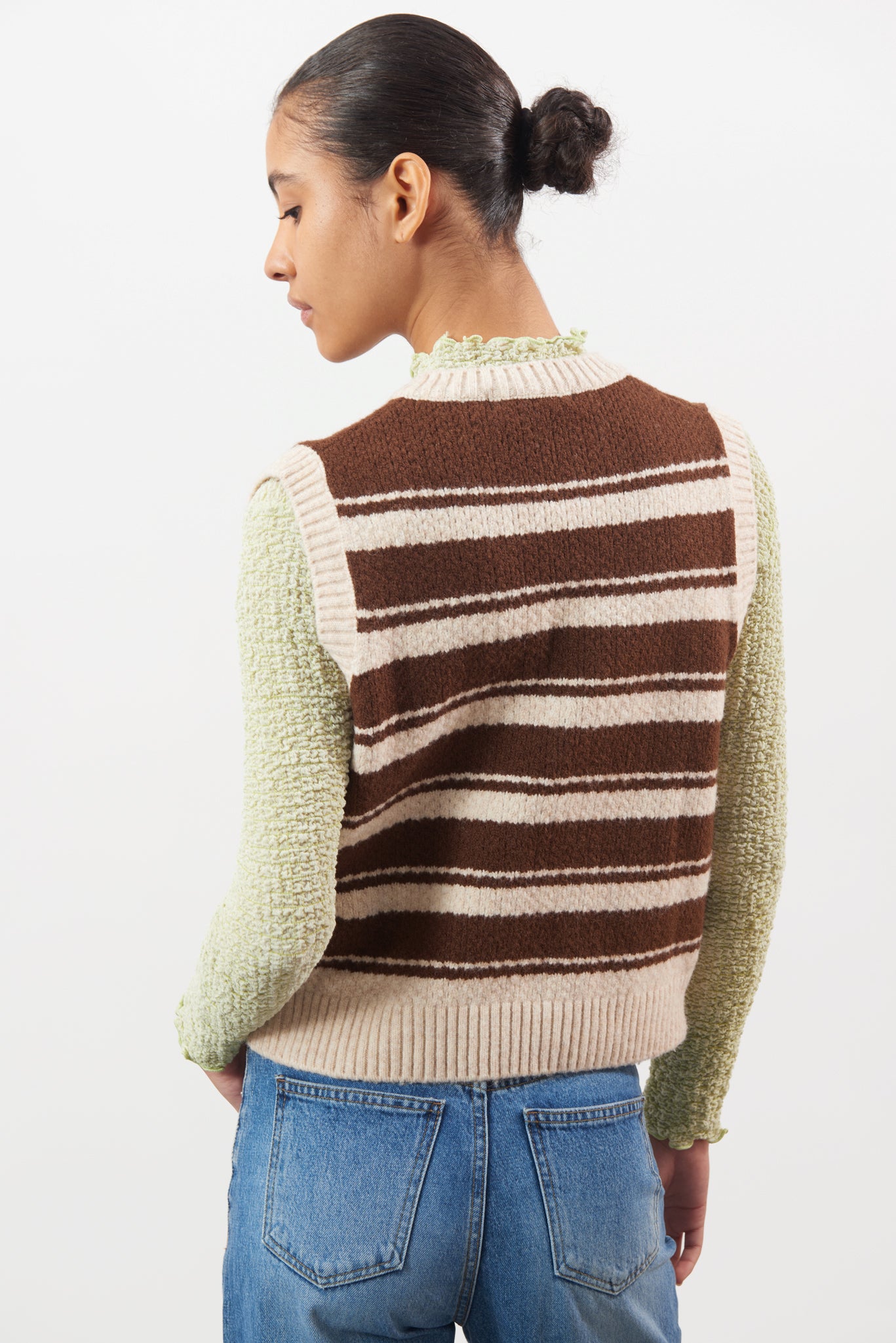 Brown and ivory textured striped wool blend sweater vest_2
