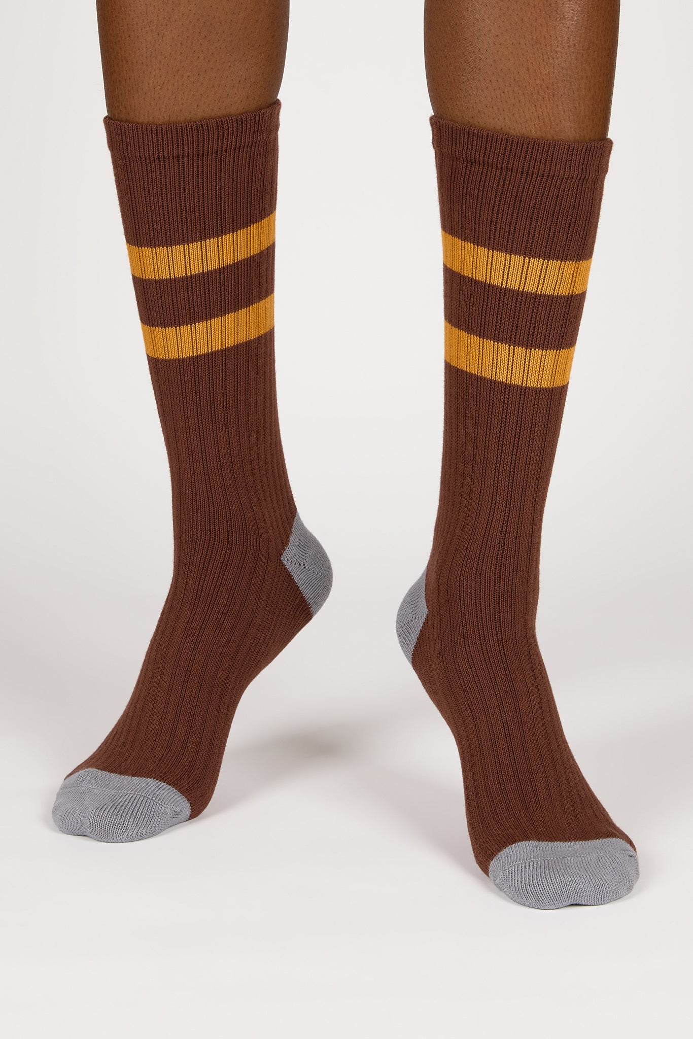 Brown and orange varsity stripe grey trim socks_1