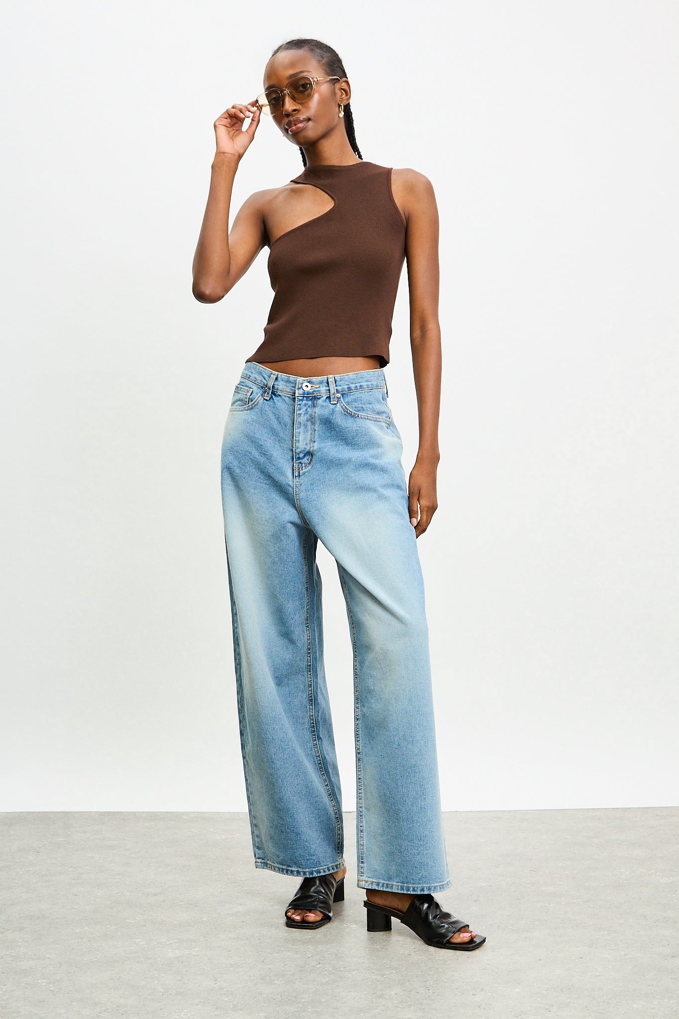 Brown asymmetric neckline knit tank_4