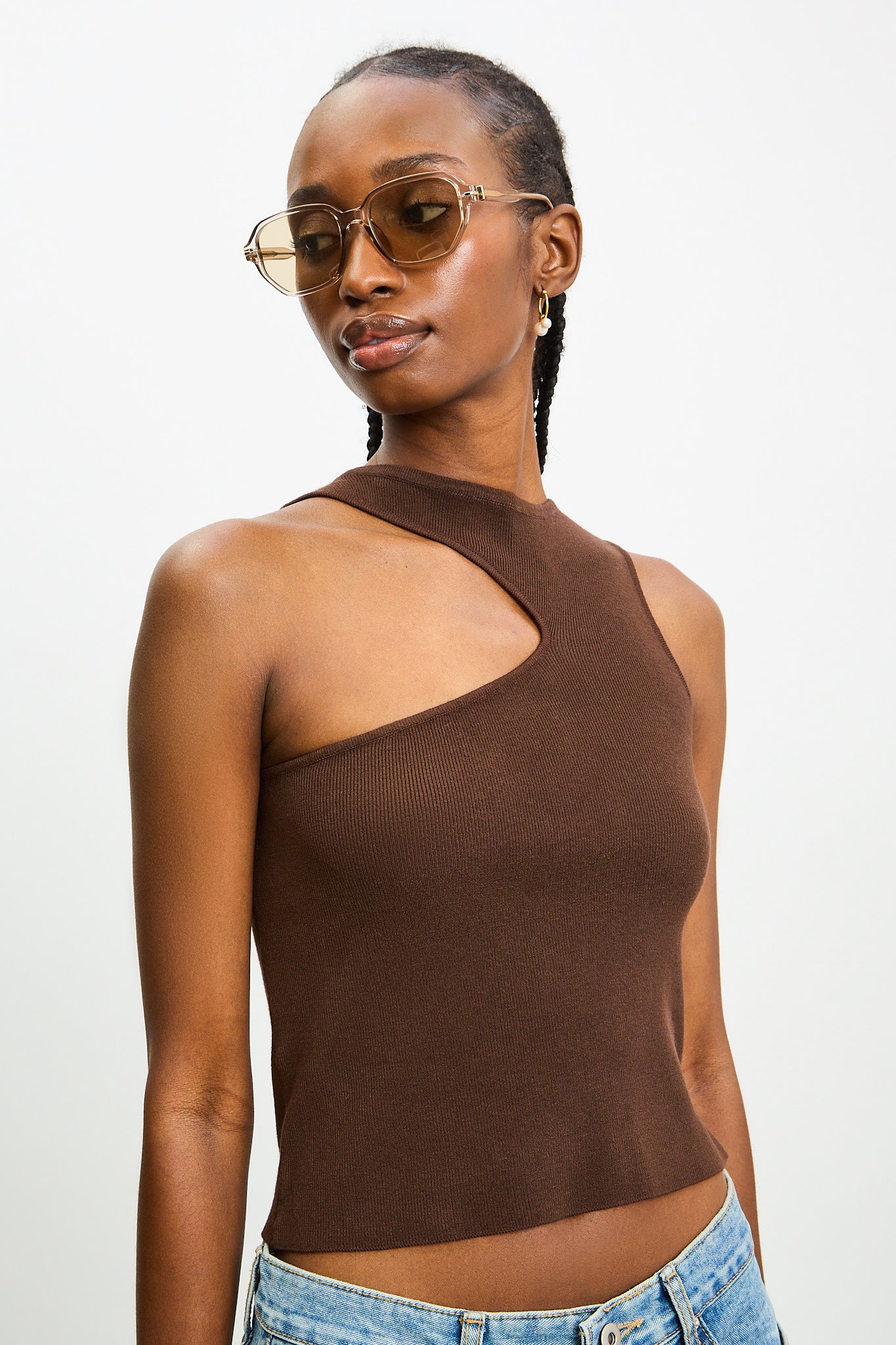Brown asymmetric neckline knit tank_1