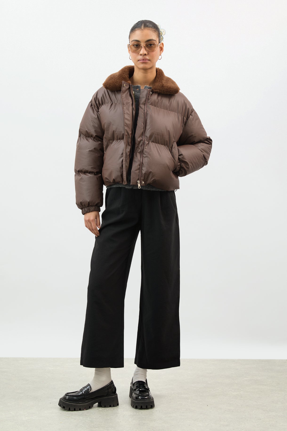 Brown and caramel faux fur collar puffer coat_5