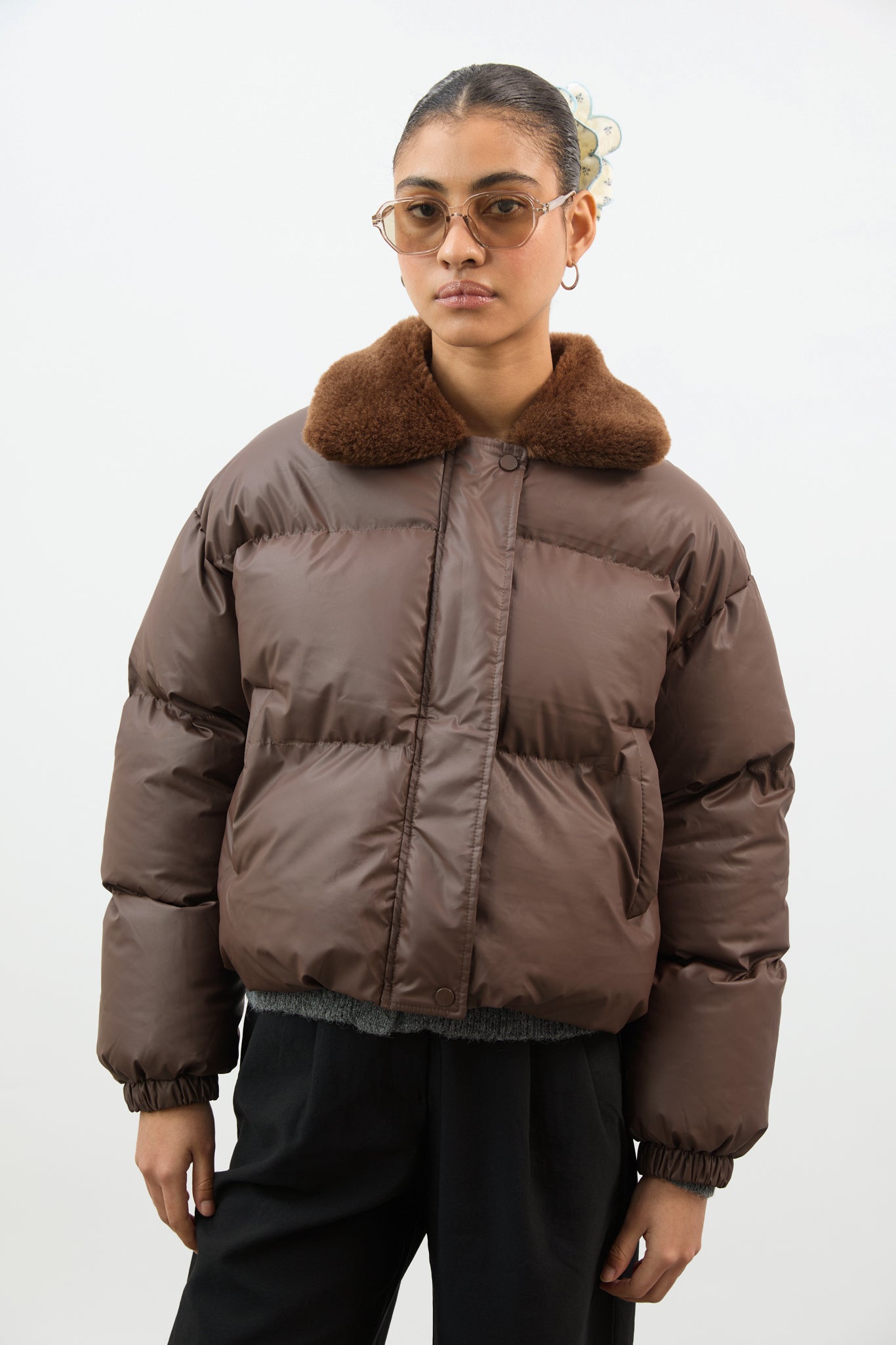 Brown and caramel faux fur collar puffer coat_2