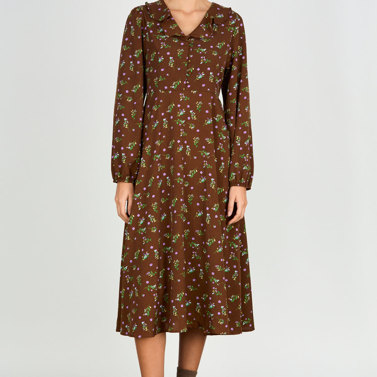 BORAGE MIDI dress - pea green w/ pink purple floral