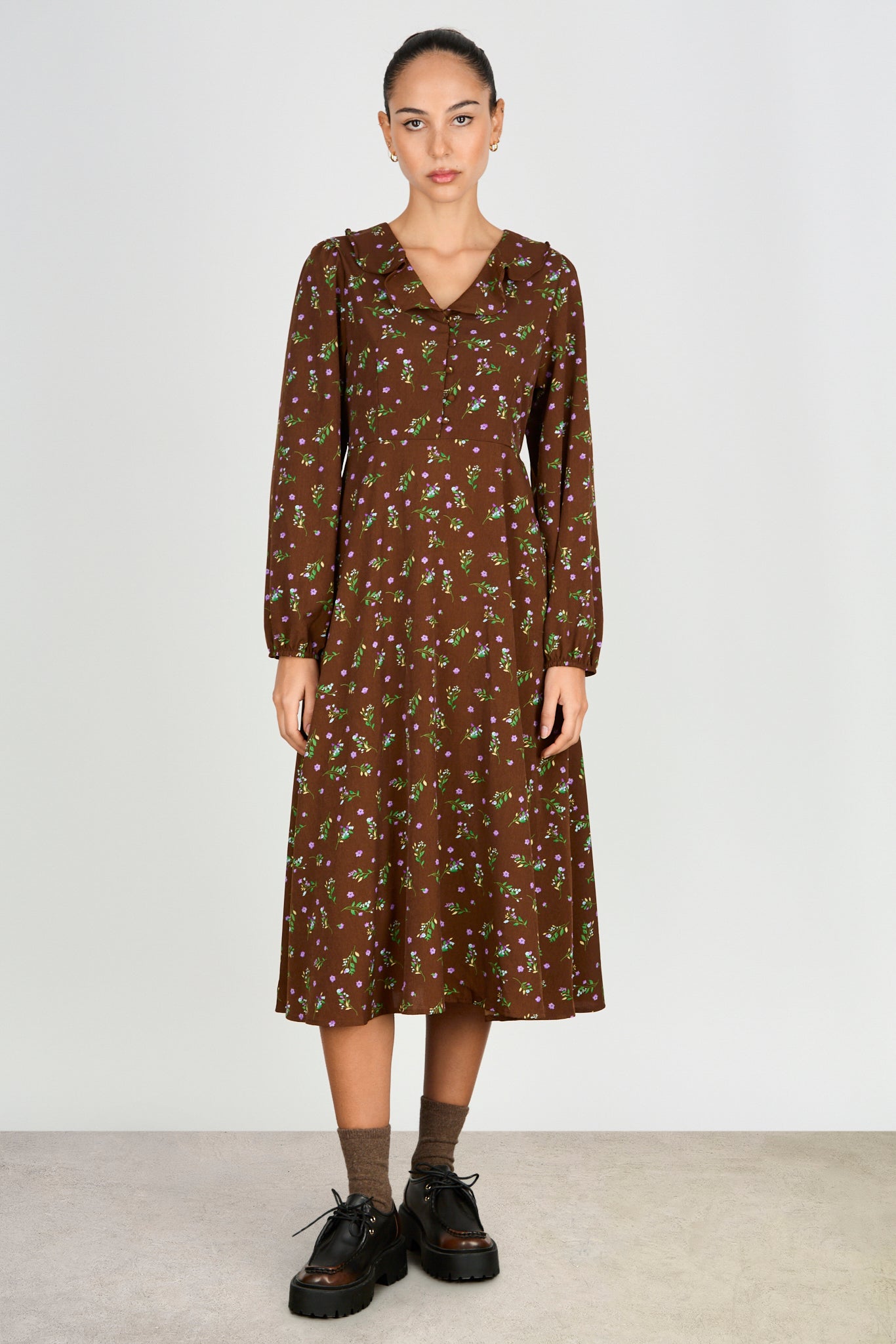 Brown green and purple floral print midi dress_1