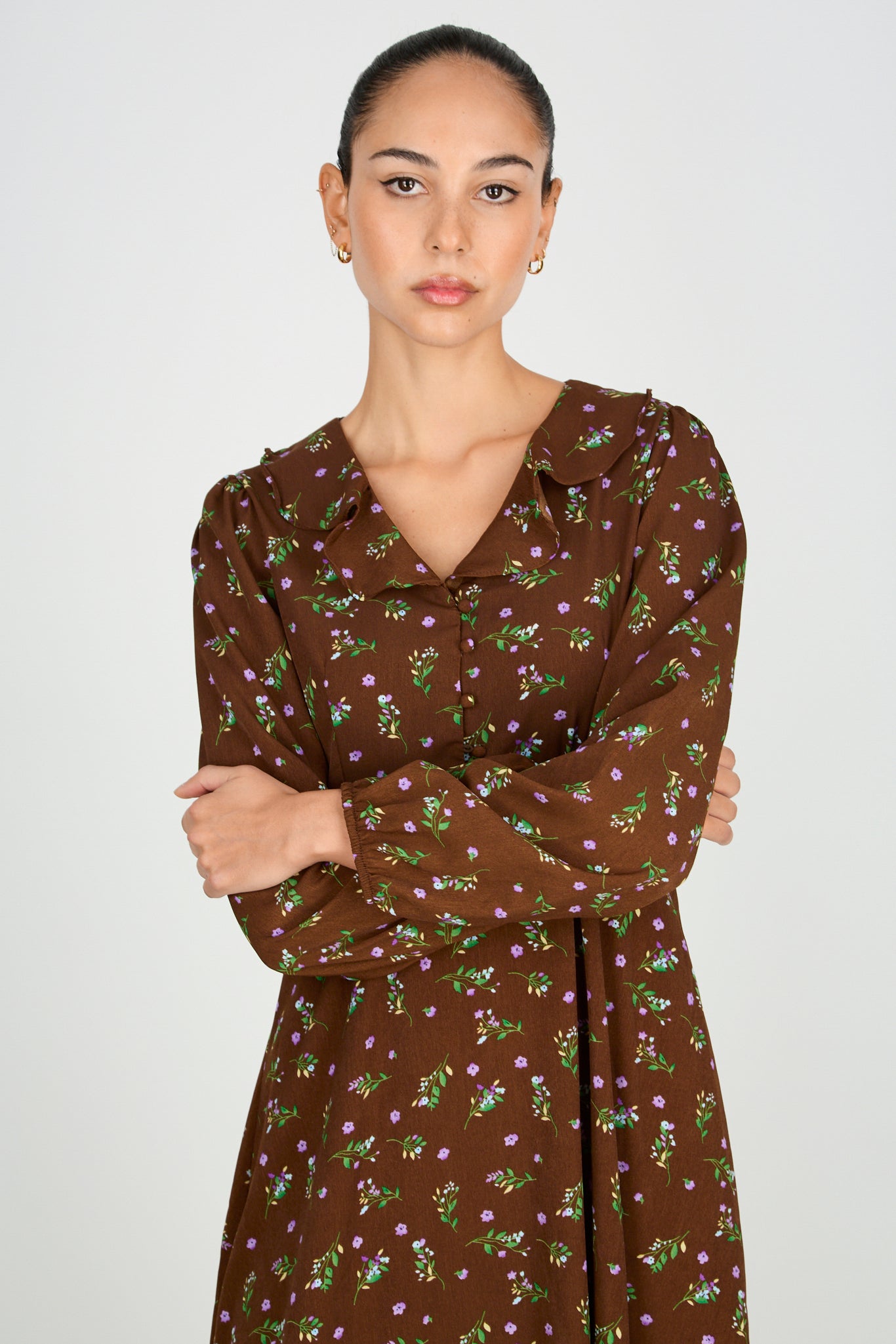 Brown green and purple floral print midi dress_4