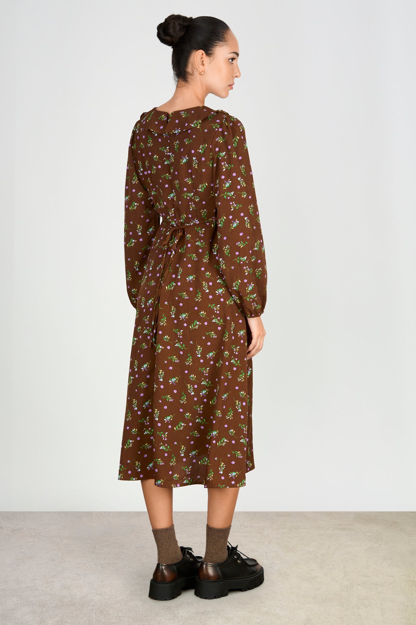 Brown green and purple floral print midi dress_2