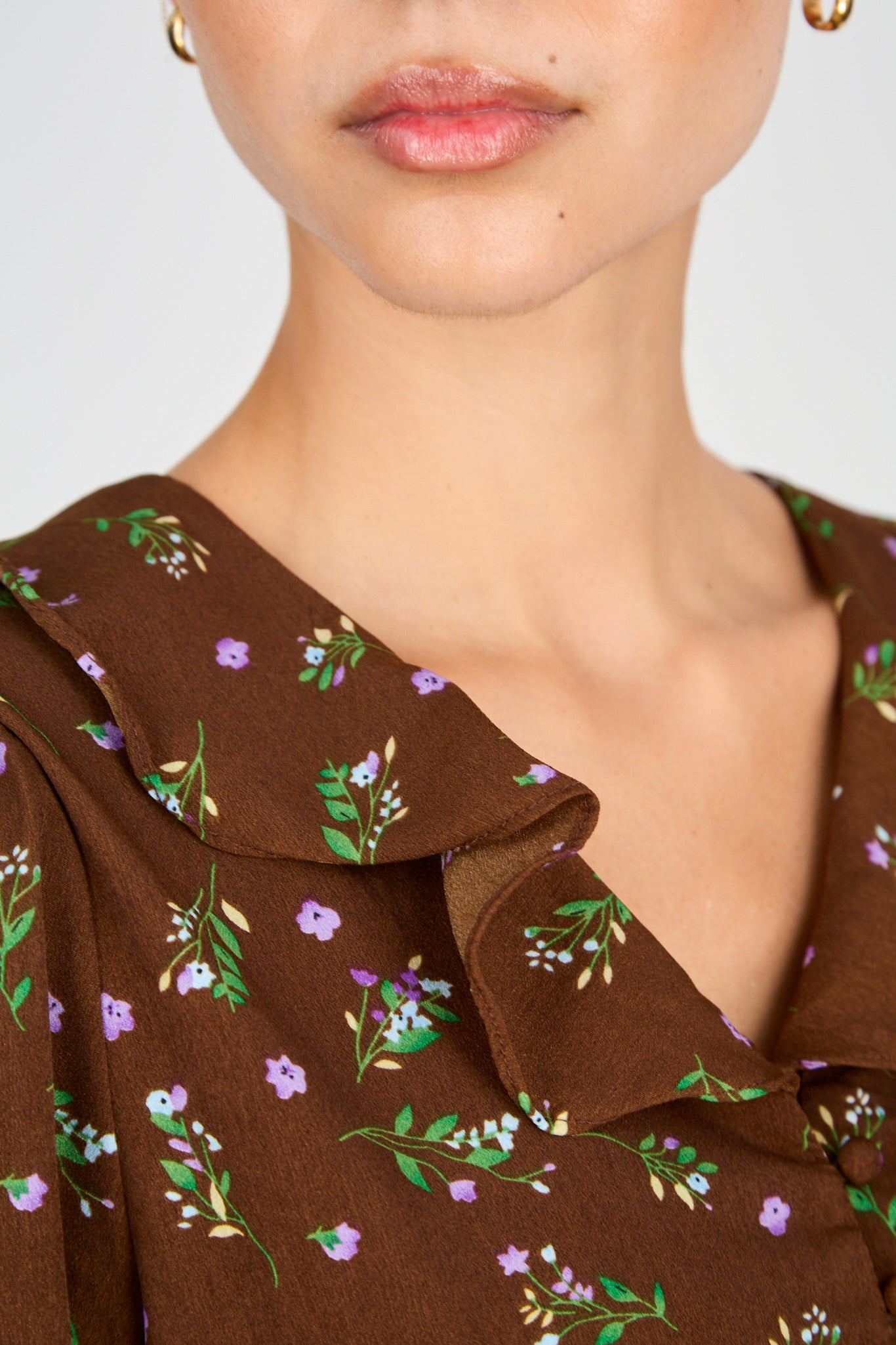 Brown green and purple floral print midi dress_3