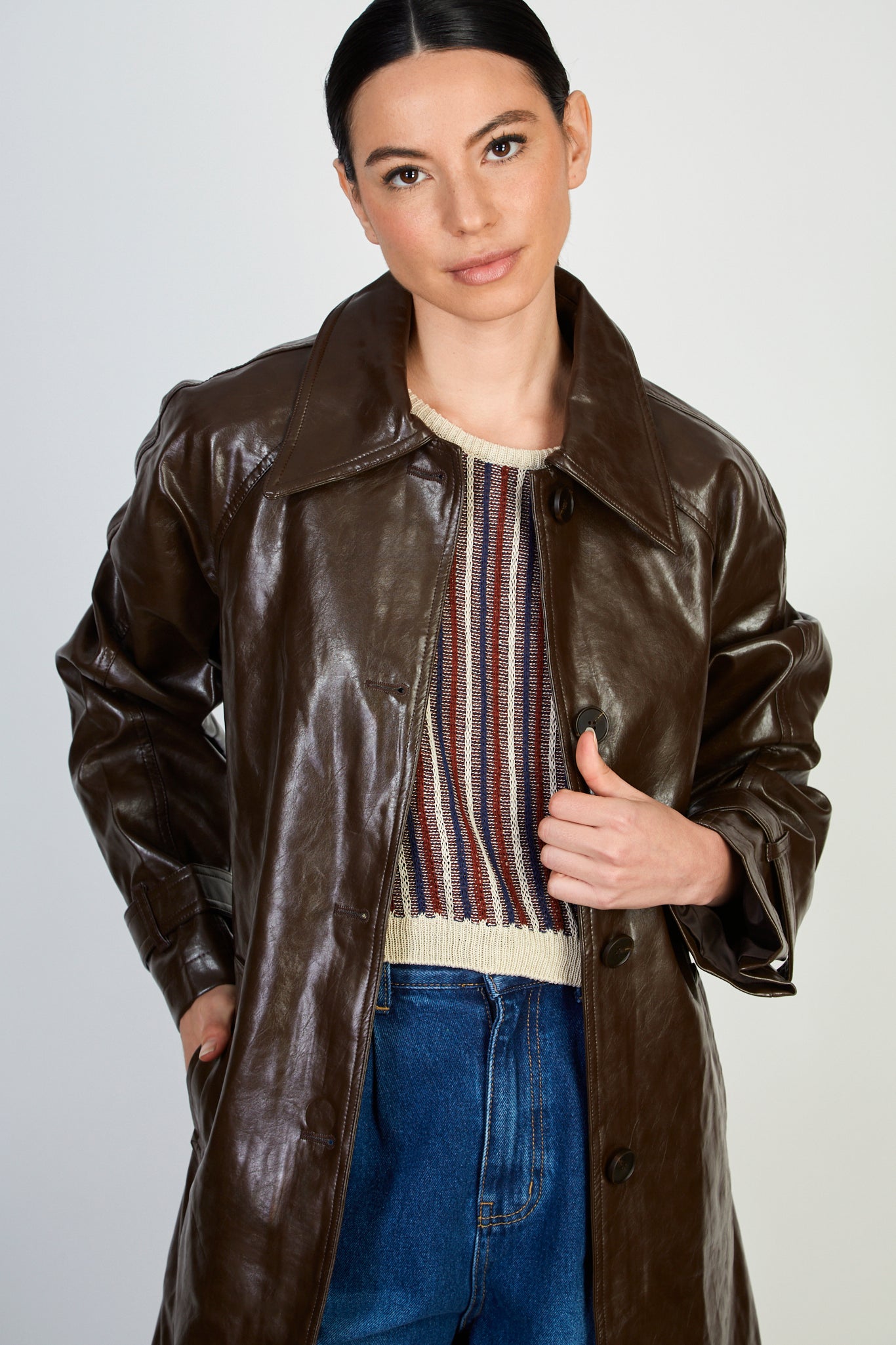 Brown high shine vegan leather coat_4