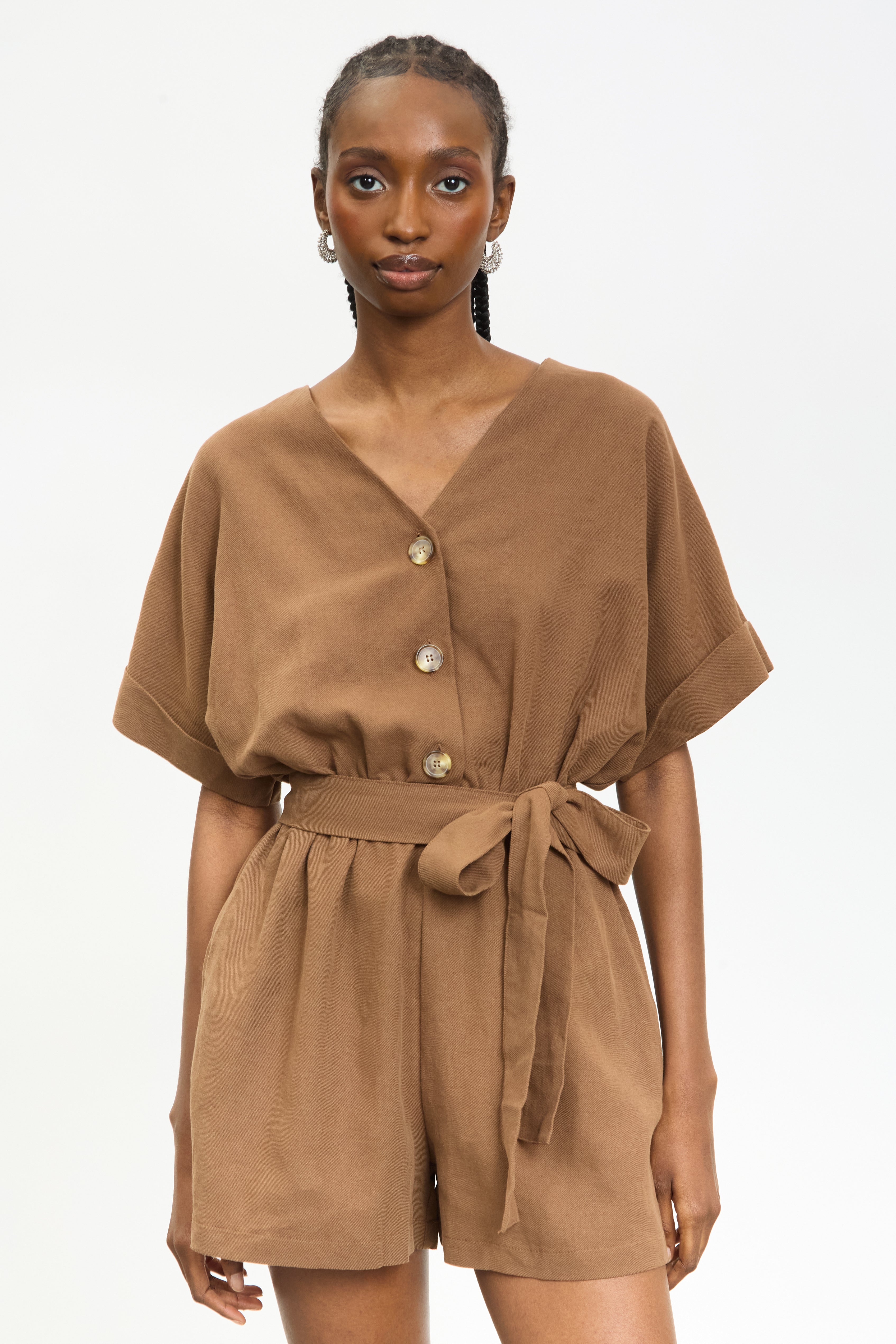 Brown linen blend button front tie waist romper_3