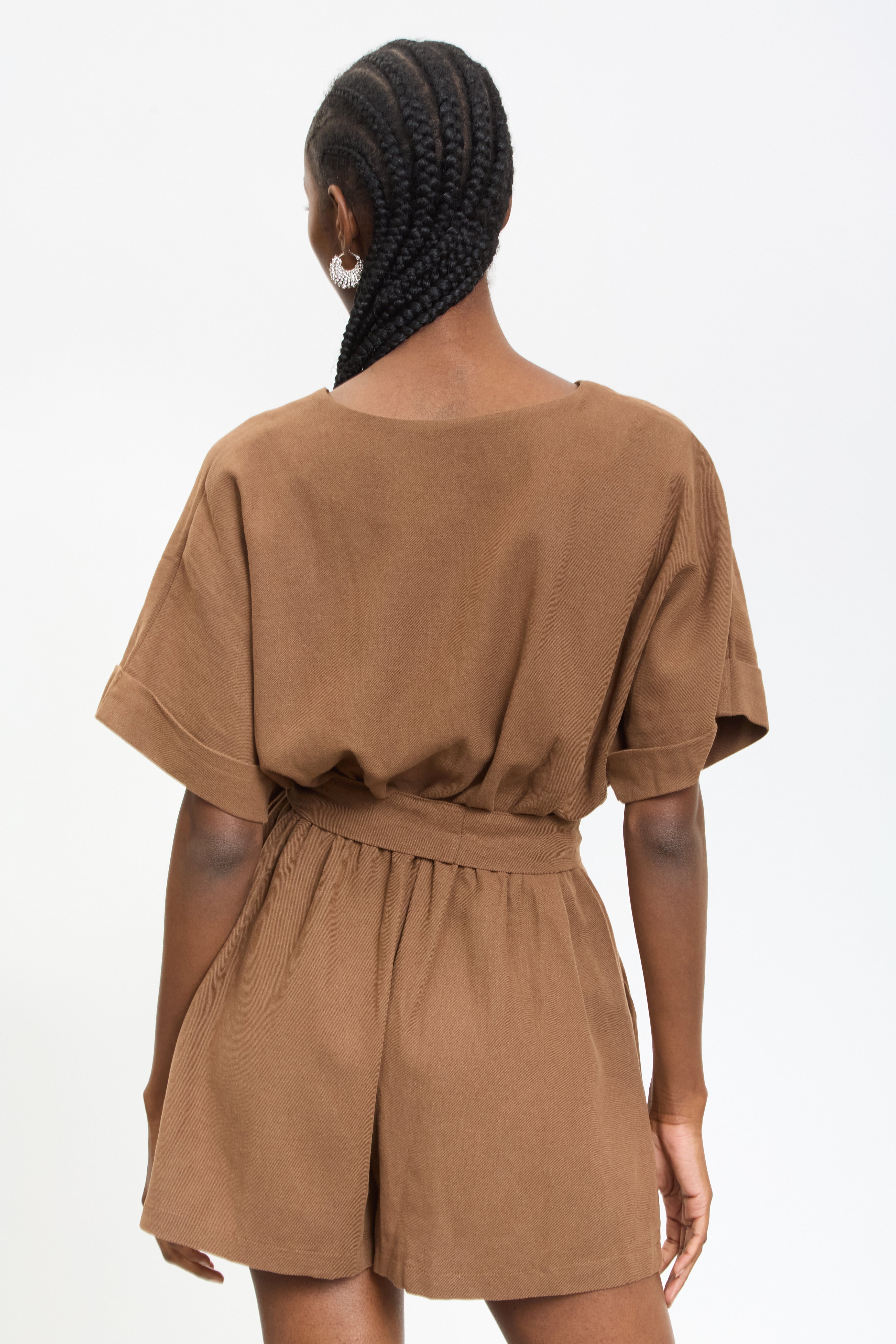 Brown linen blend button front tie waist romper_2