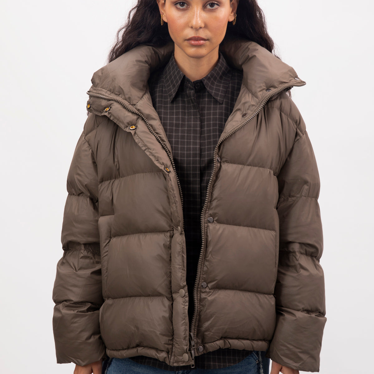Elegant Khaki Stand Collar Oversized Button Duck Down Puffer Jacket Winter main image 1