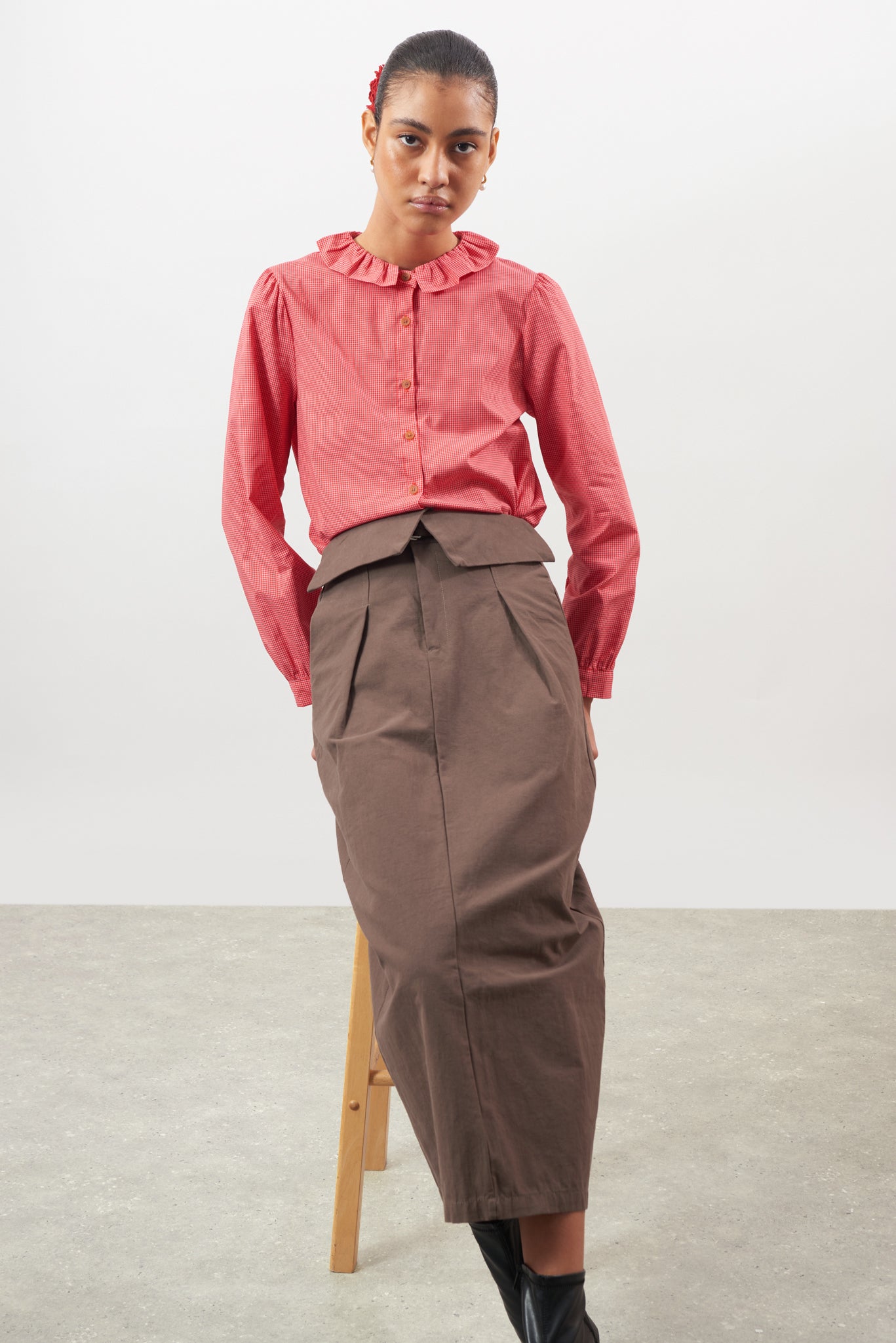 Brown pure cotton paper bag waist skirt_5