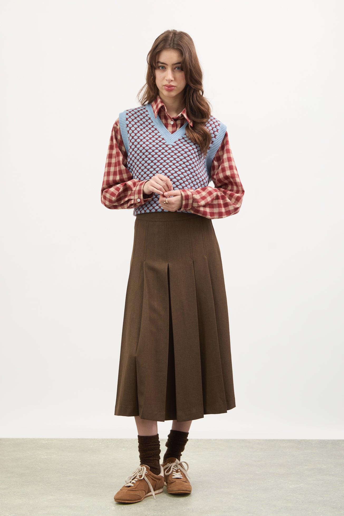 Brown smart large pleat skirt_4