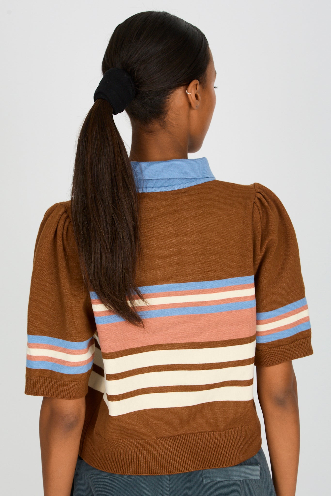 Brown striped blue collar knit tee_2