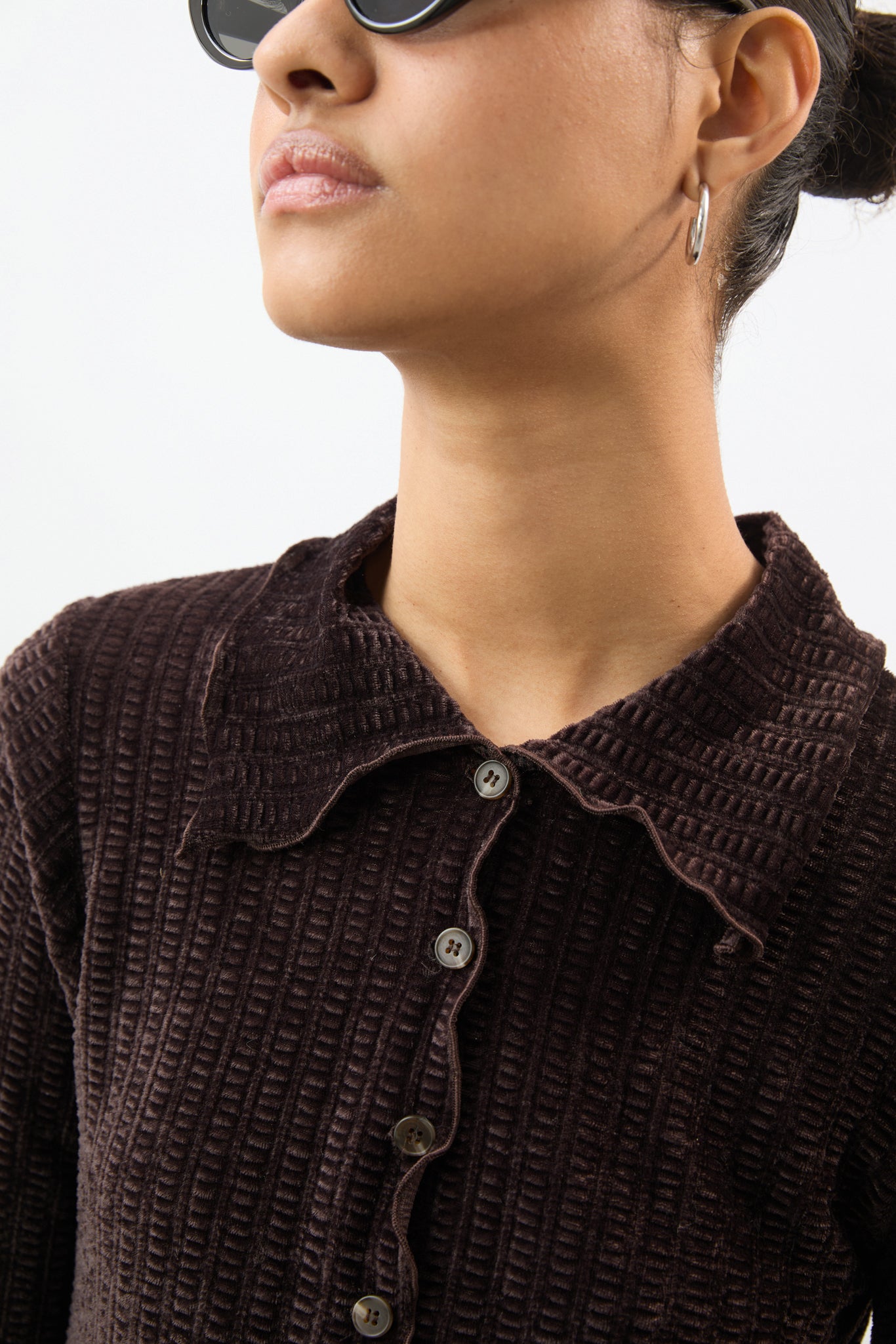 Brown textured velvet ruffle trim long sleeve top_4