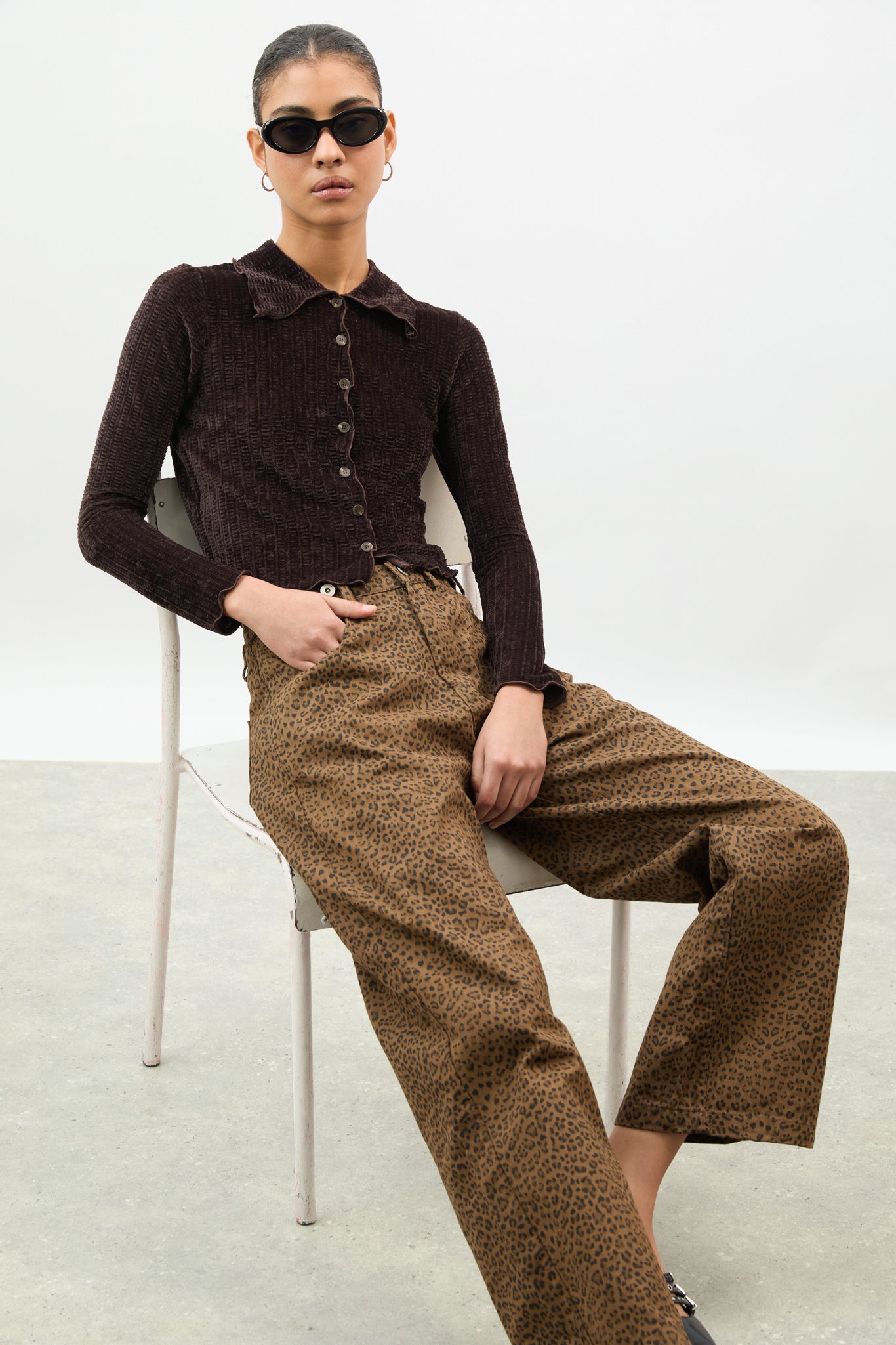 Brown textured velvet ruffle trim long sleeve top_1