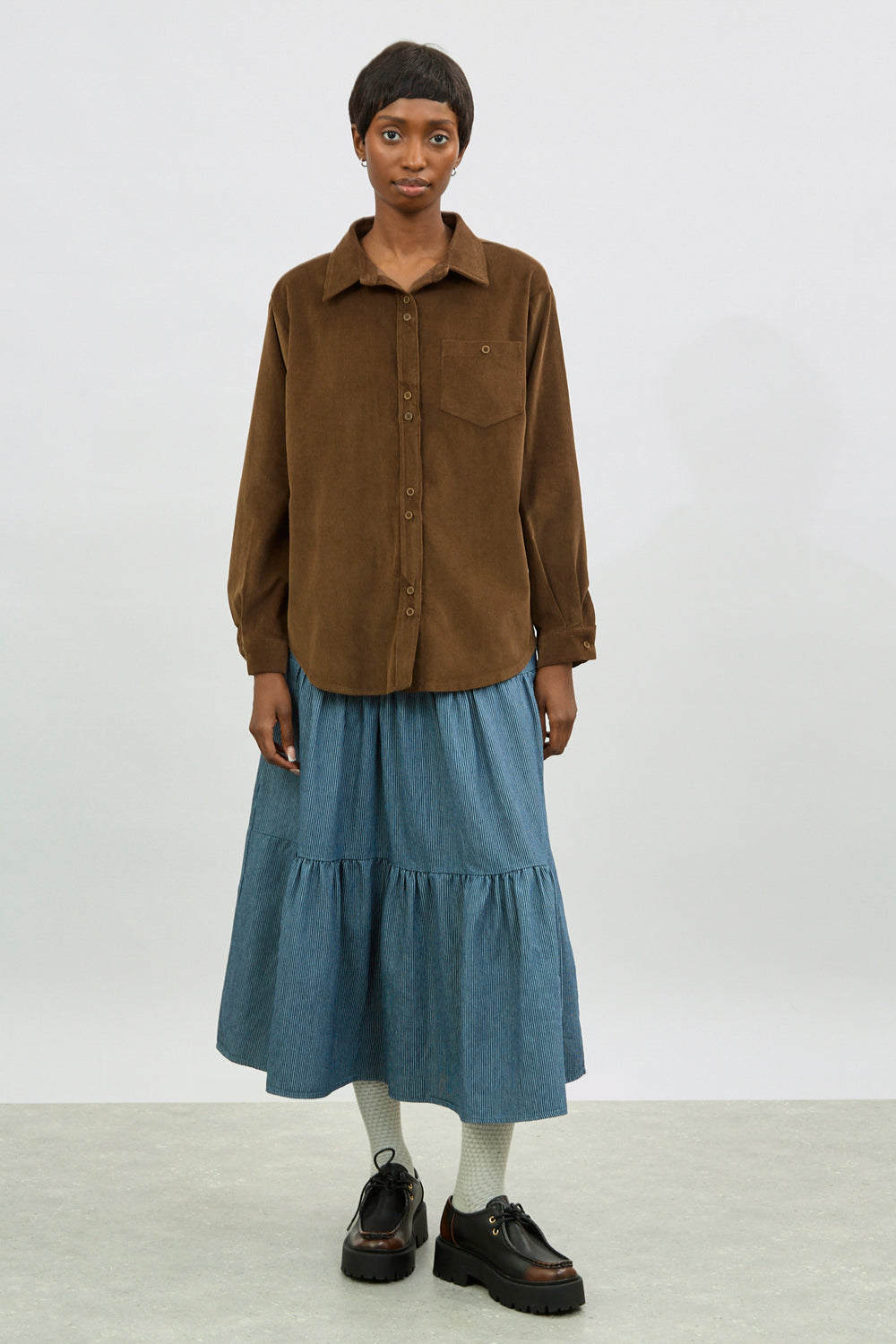 Brown thin wale double button corduroy shirt_4