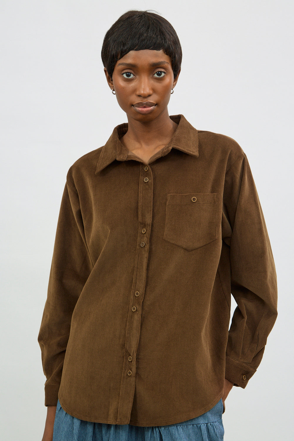 Brown thin wale double button corduroy shirt_1
