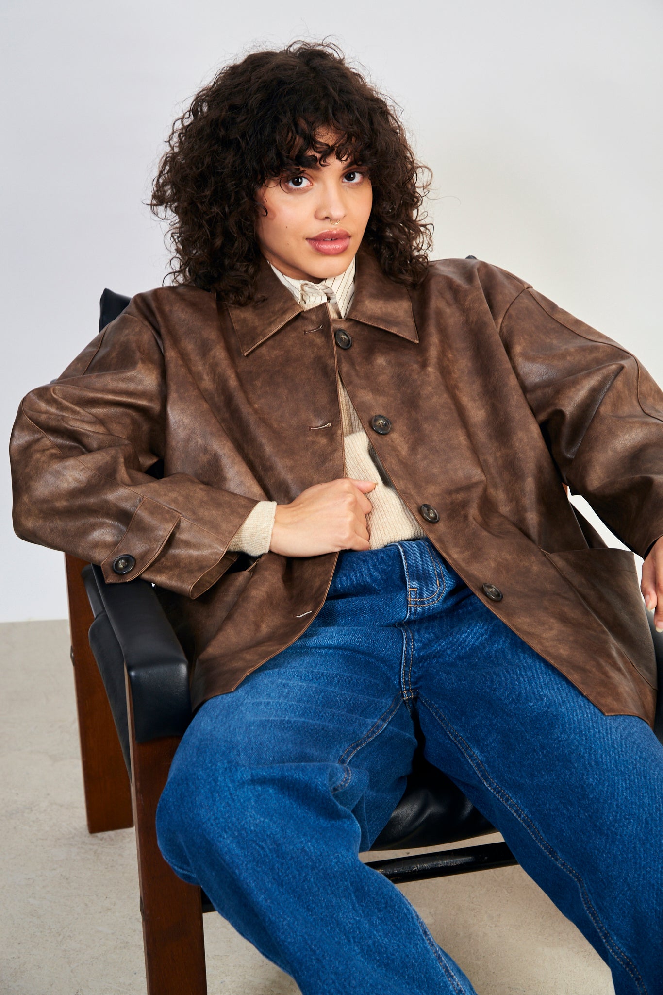 Brown vegan leather button up jacket_6