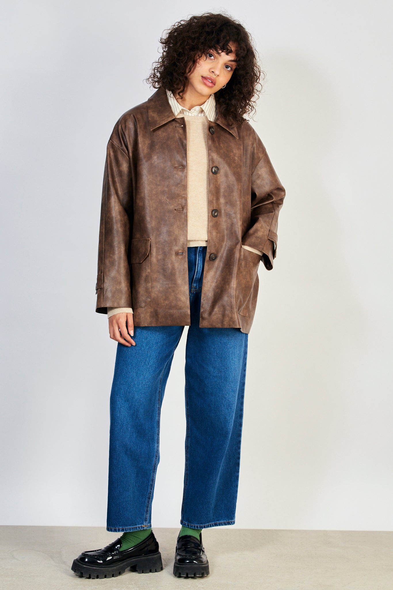 Brown vegan leather button up jacket_5