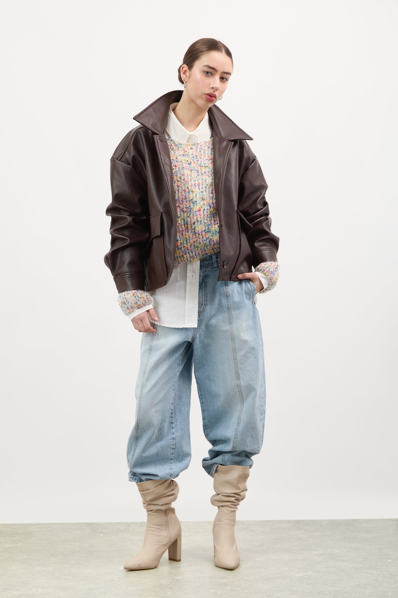 Brown vegan leather button up short jacket_6