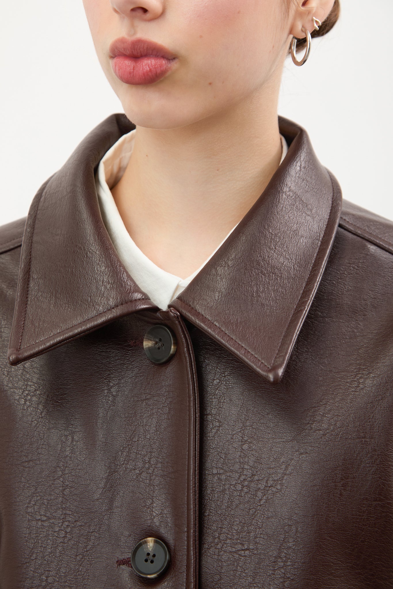 Brown vegan leather button up short jacket_5