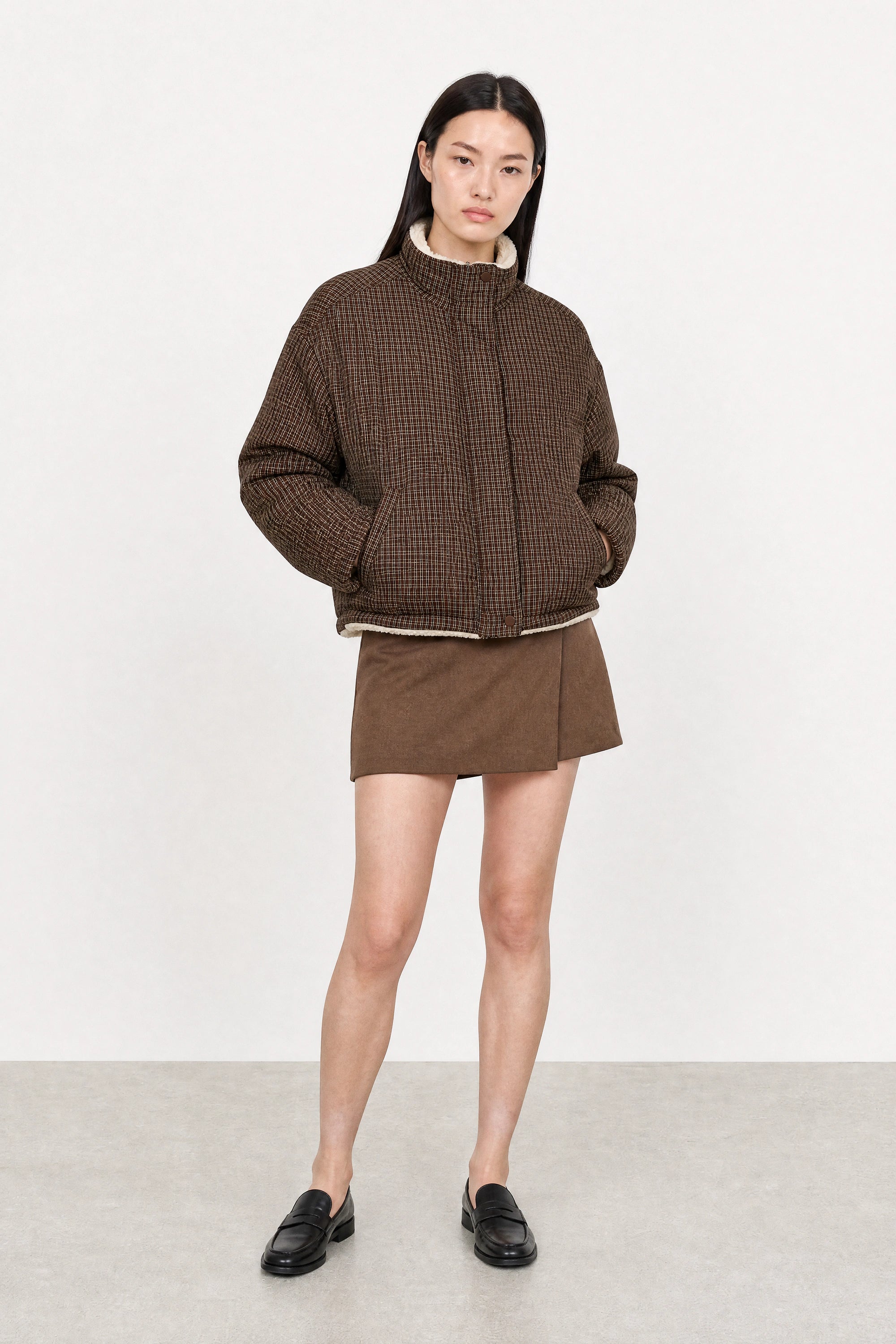 Brown checked reversible teddy fleece jacket_7