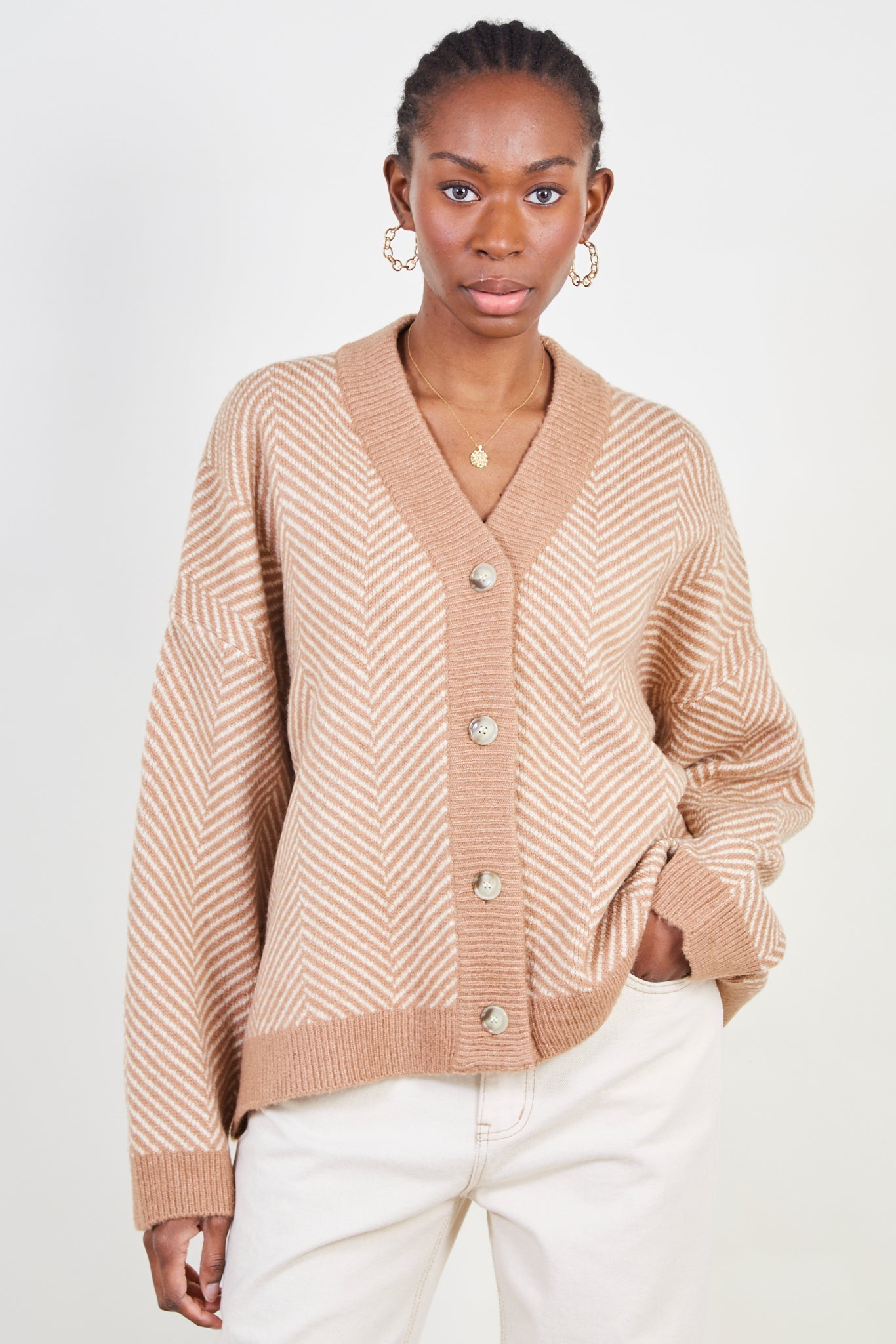 Brown and ivory herringbone cardigan_1