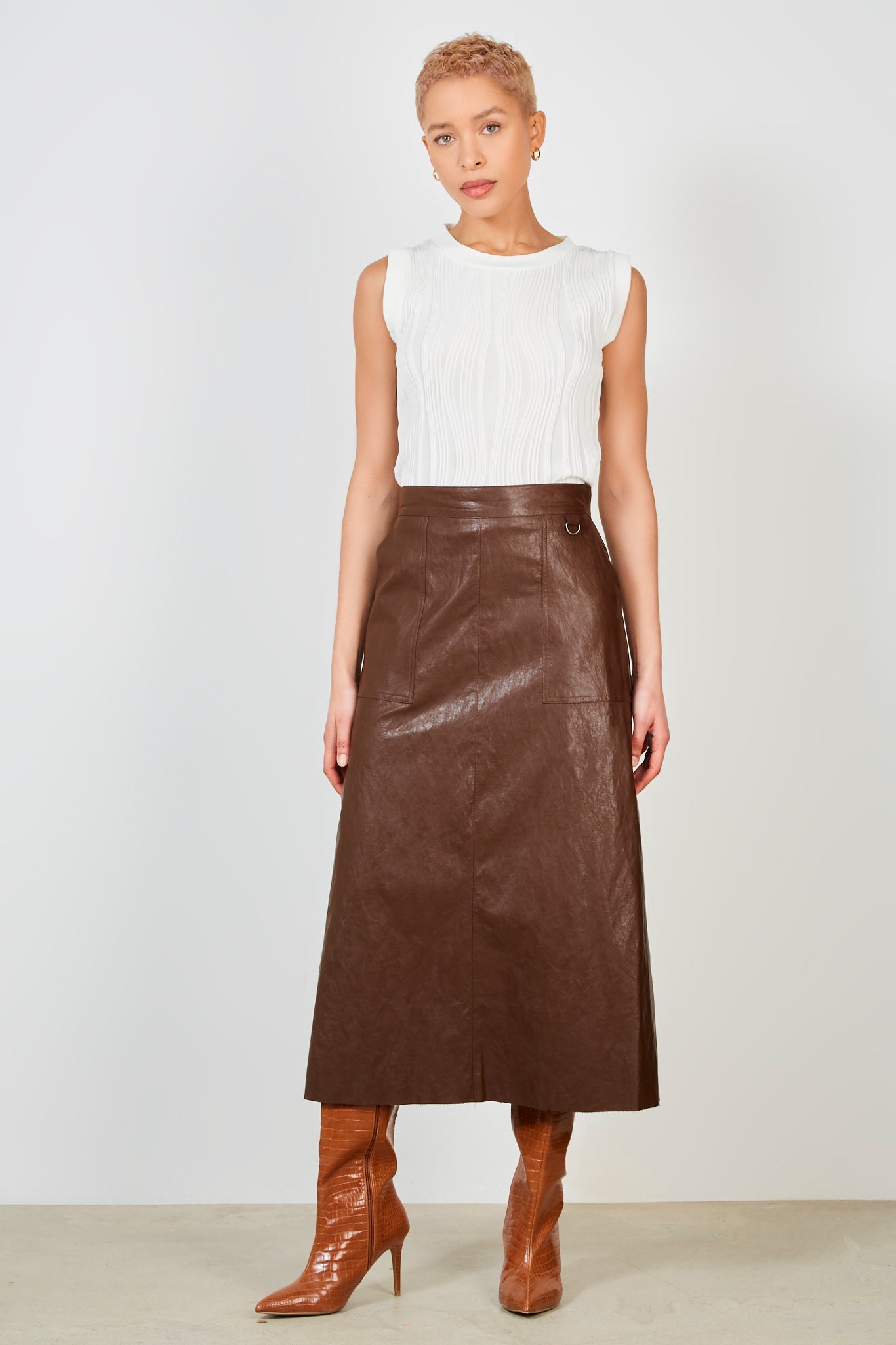 Brown high shine midi skirt_3