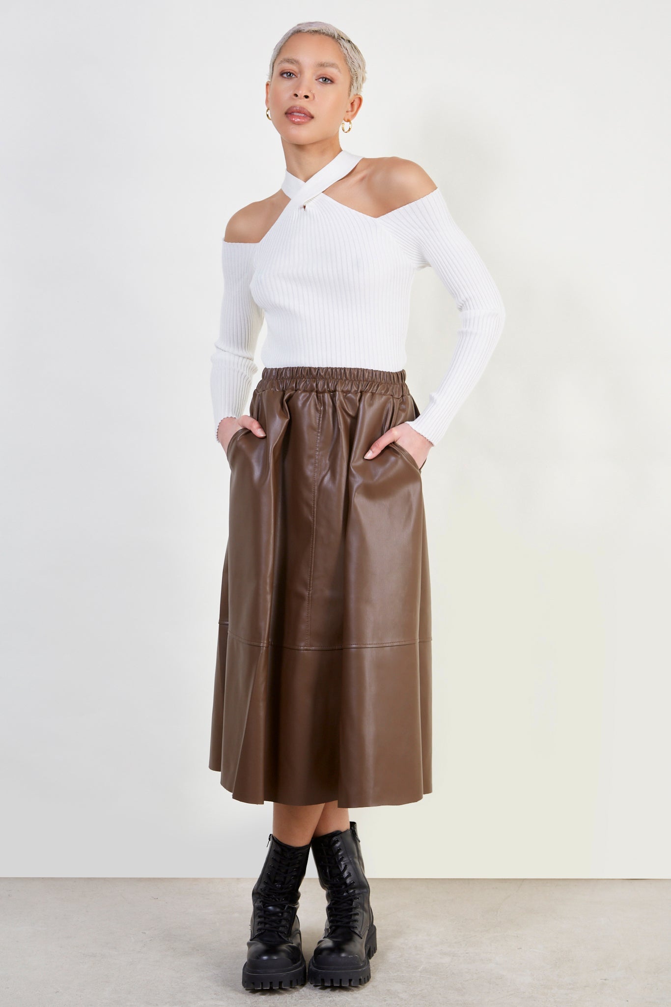 Brown vegan leather midi skirt_2