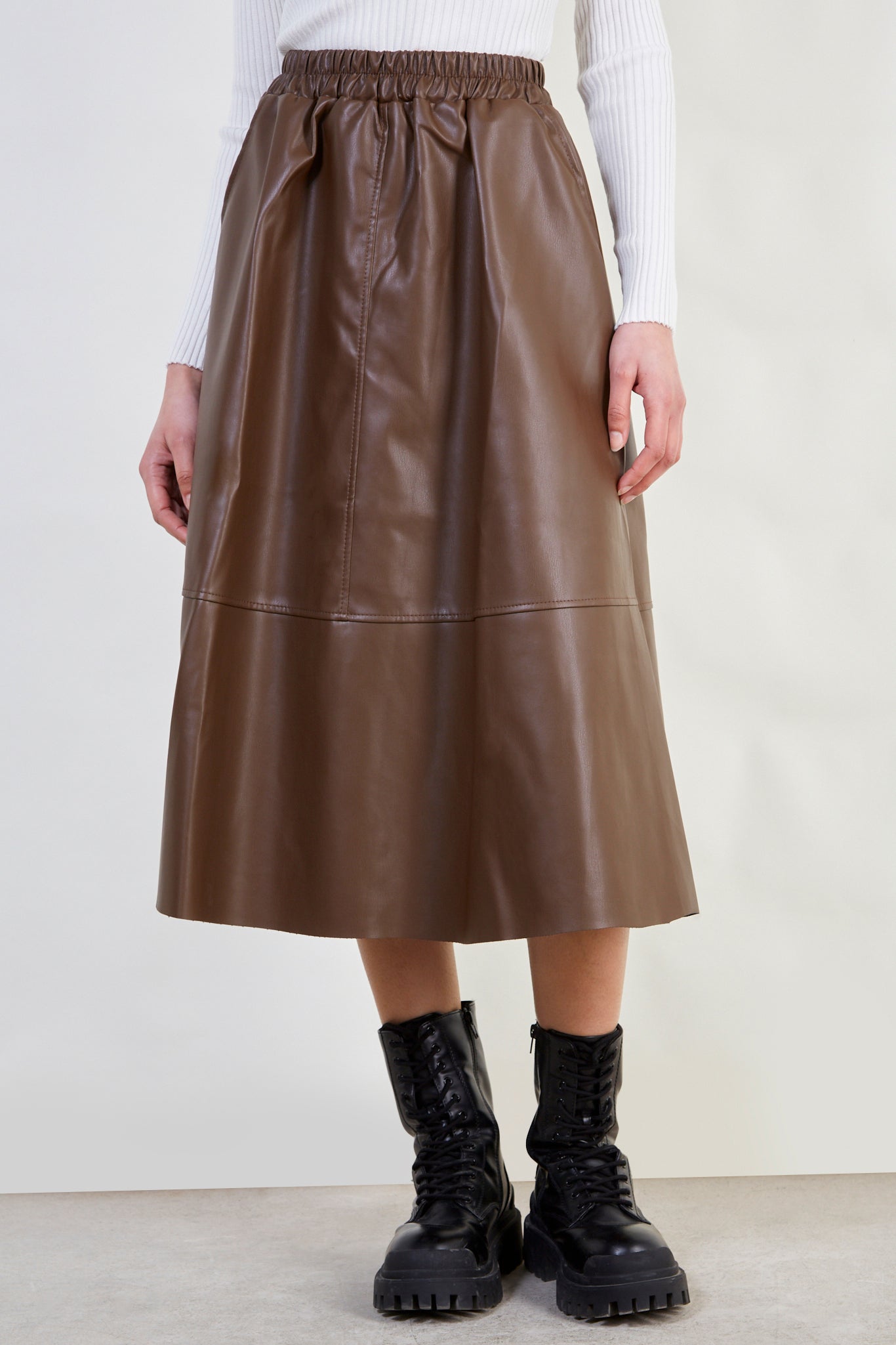 Brown vegan leather midi skirt_1