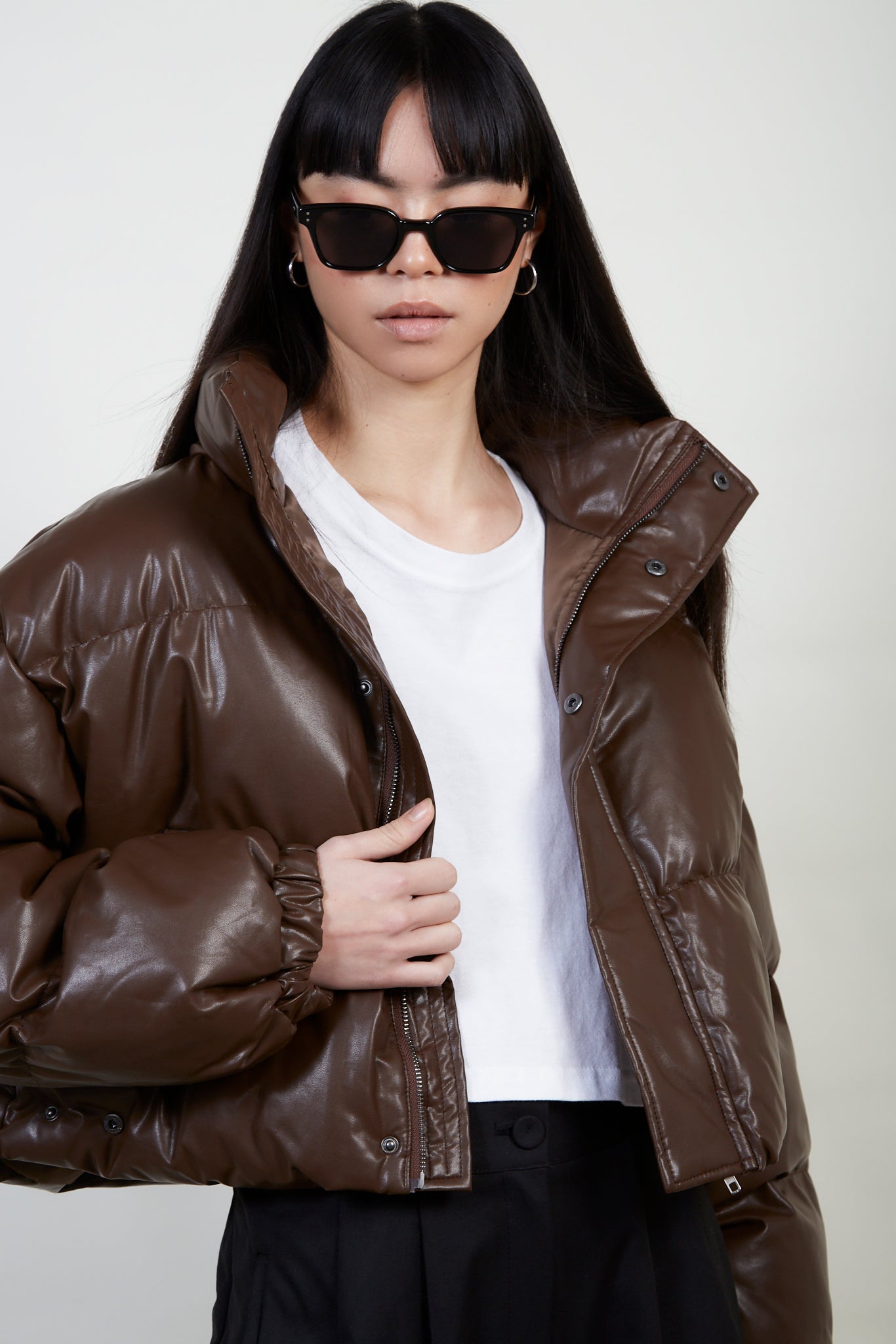 Brown vegan leather puffer jacket_2