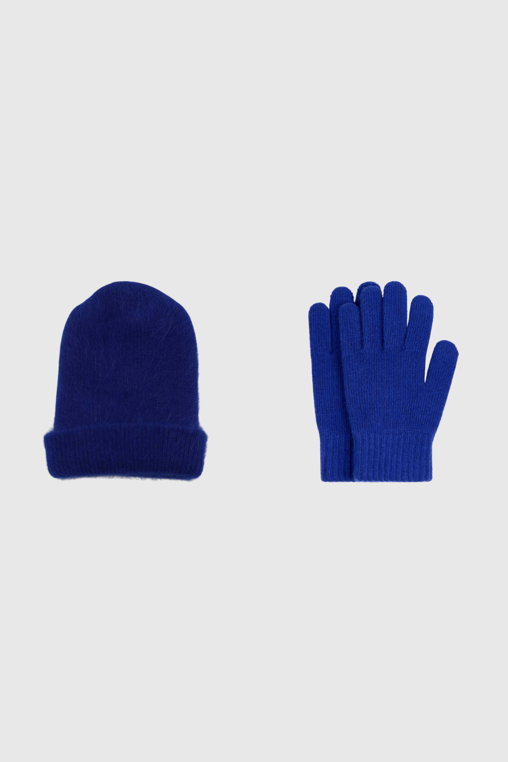 Cobalt blue mohair beanie and wool blend glove set