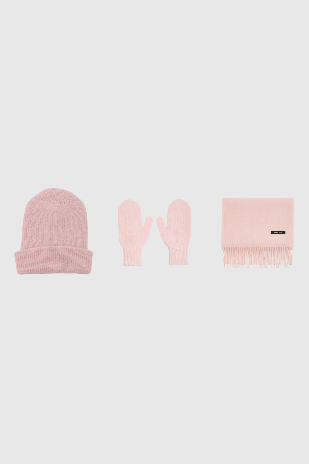 Pale pink mohair beanie, mittens and wool scarf set
