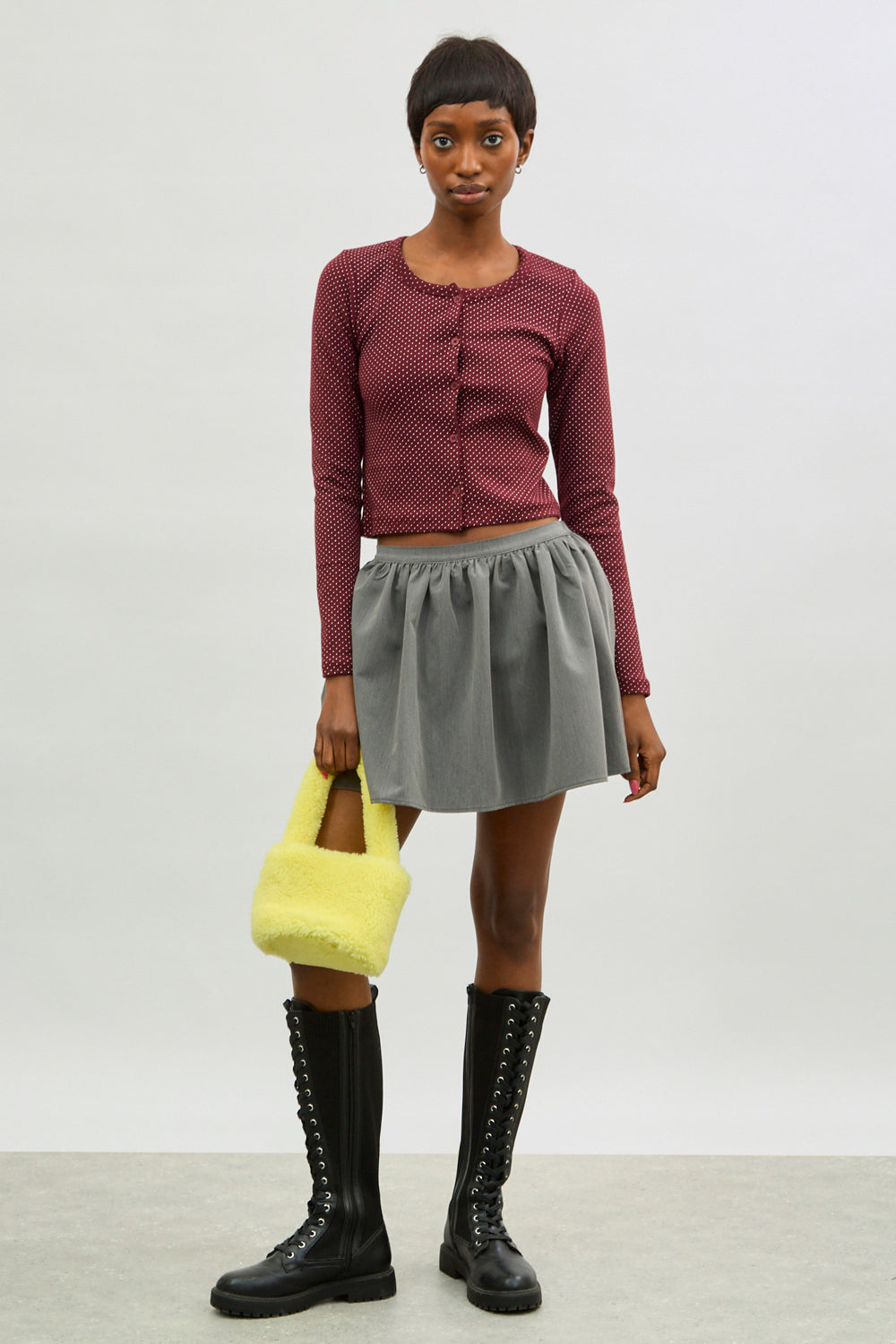 Burgundy and ivory polka dot button up top_4