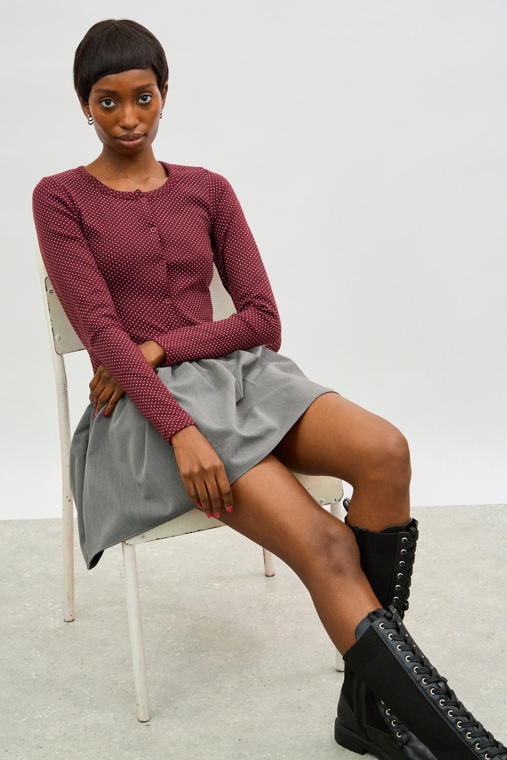 Burgundy and ivory polka dot button up top_5