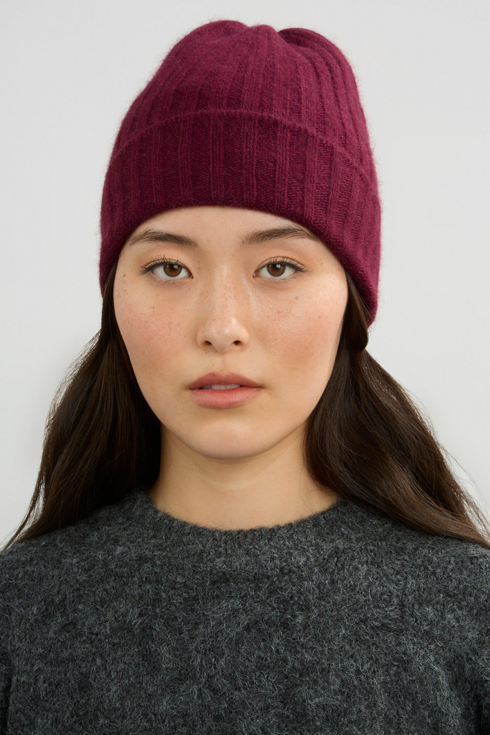 Burgundy angora wool blend large ribbed beanie hat_3