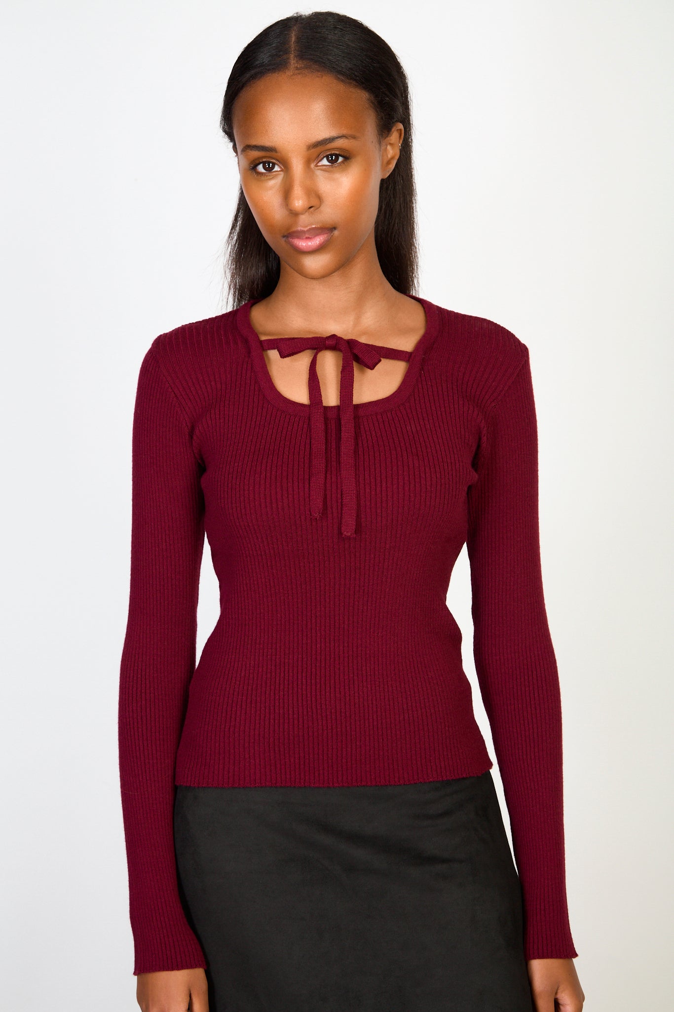 Burgundy cross tie ribbed knit top_2