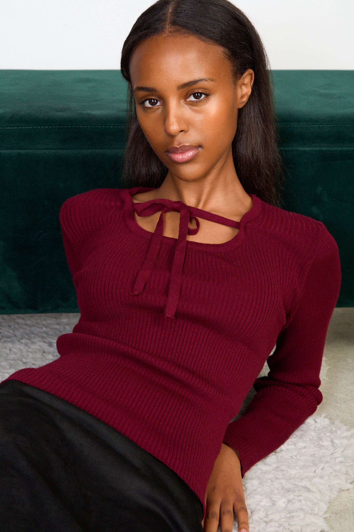 Burgundy cross tie ribbed knit top_1