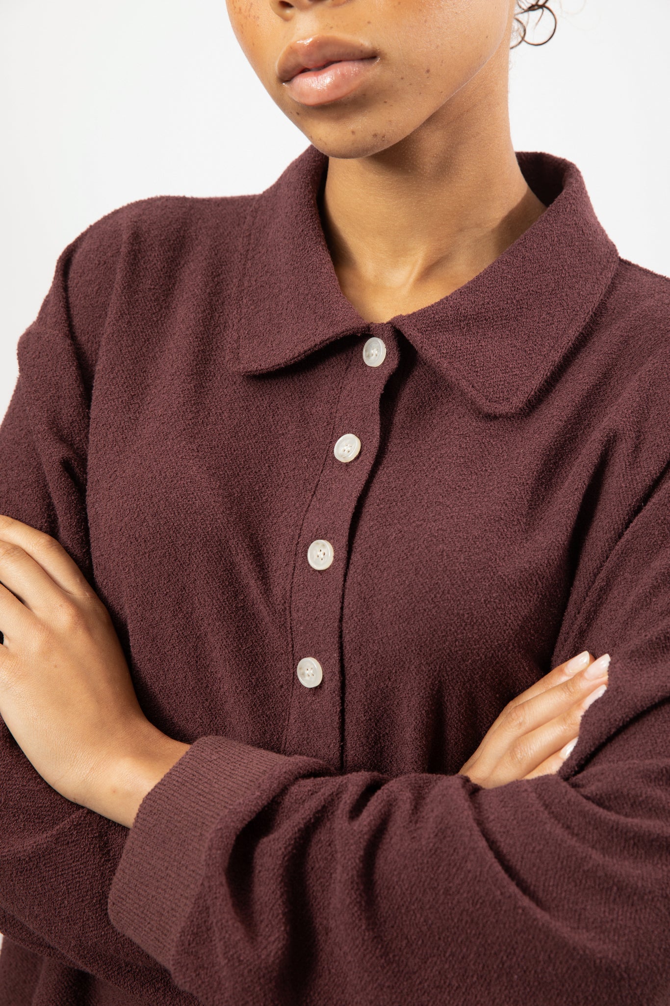 Burgundy textured button up collared top_3