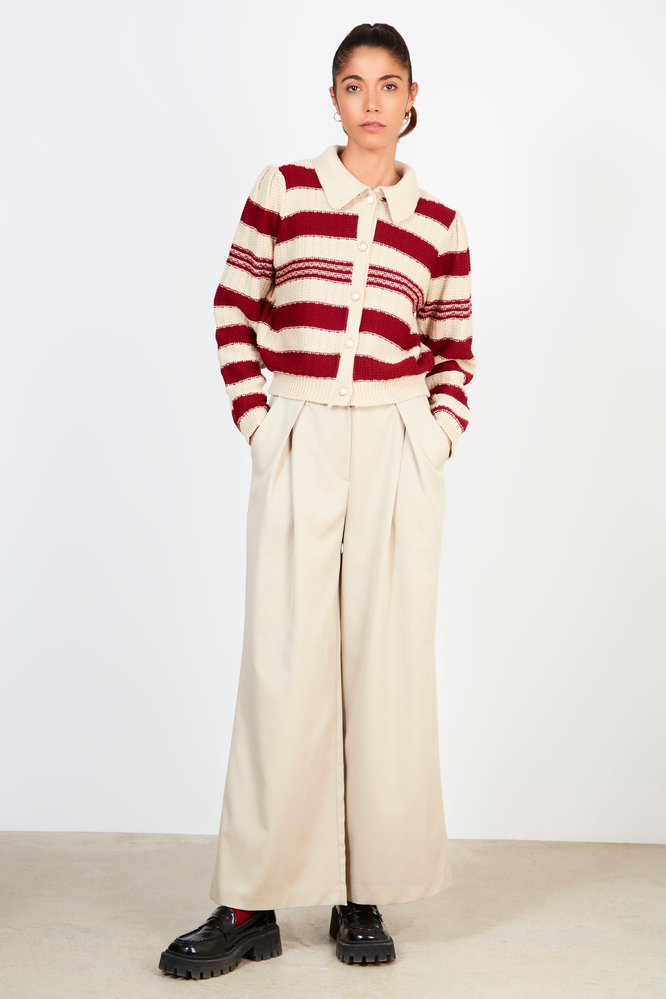 Burgundy and beige striped pearl button cardigan_3