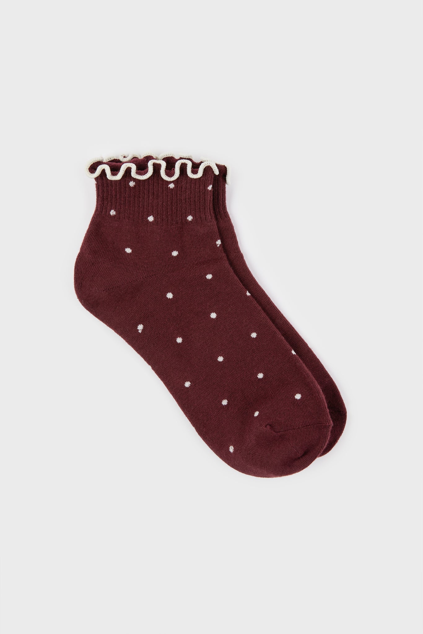 Burgundy and ivory polka dot ruffle trim socks_2