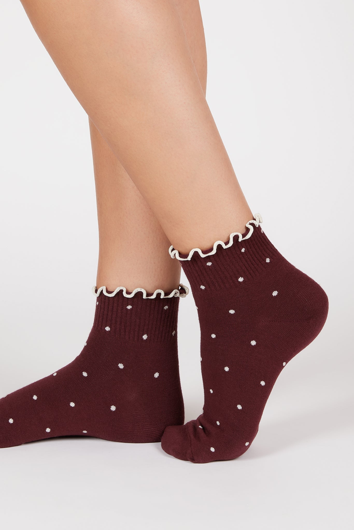 Burgundy and ivory polka dot ruffle trim socks_1