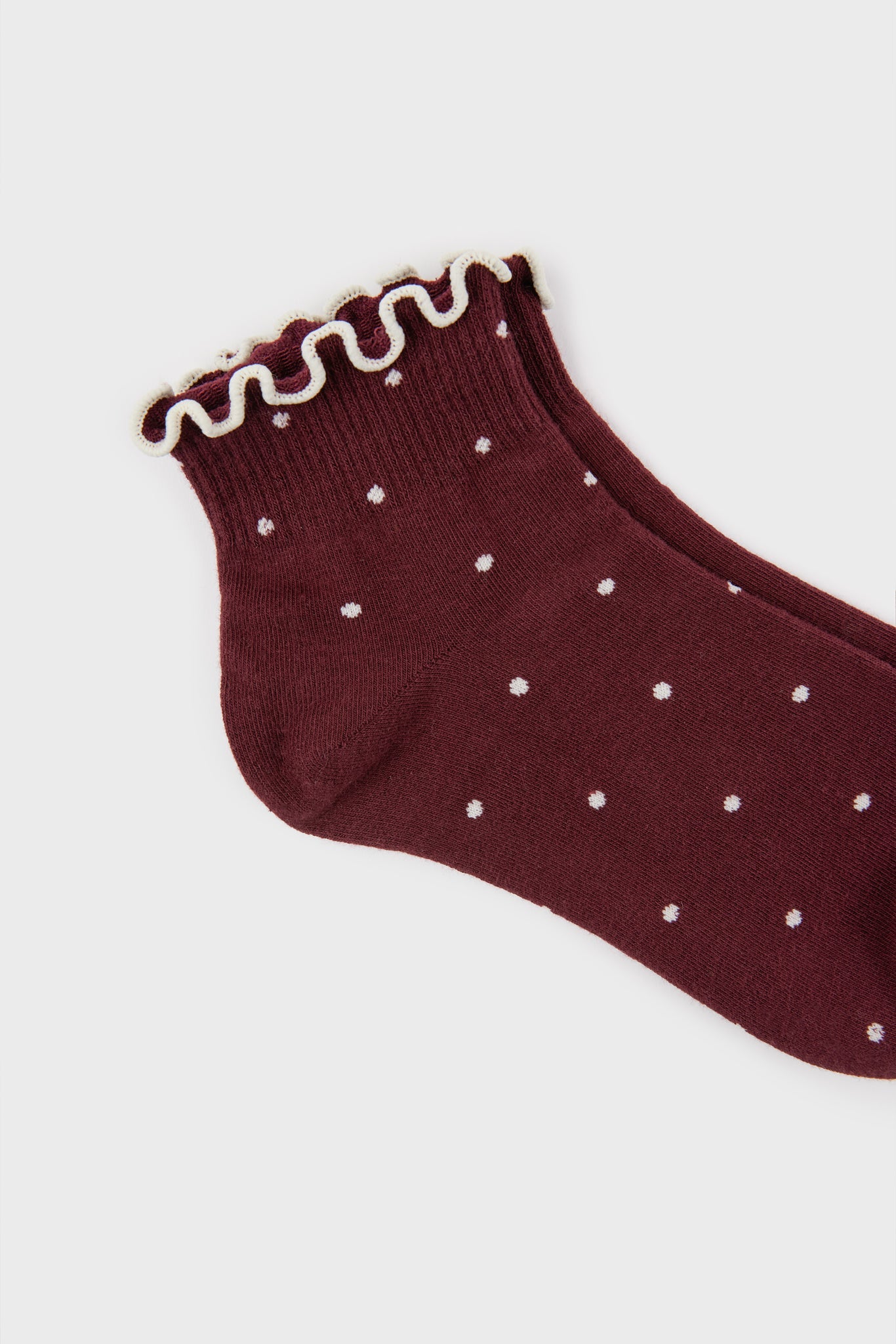 Burgundy and ivory polka dot ruffle trim socks_3