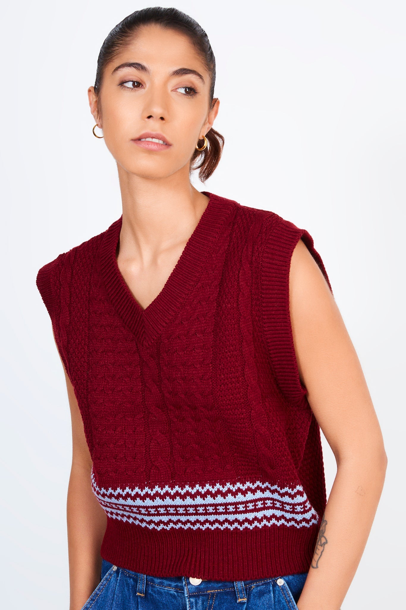 Burgundy and light blue trim sweater vest_1