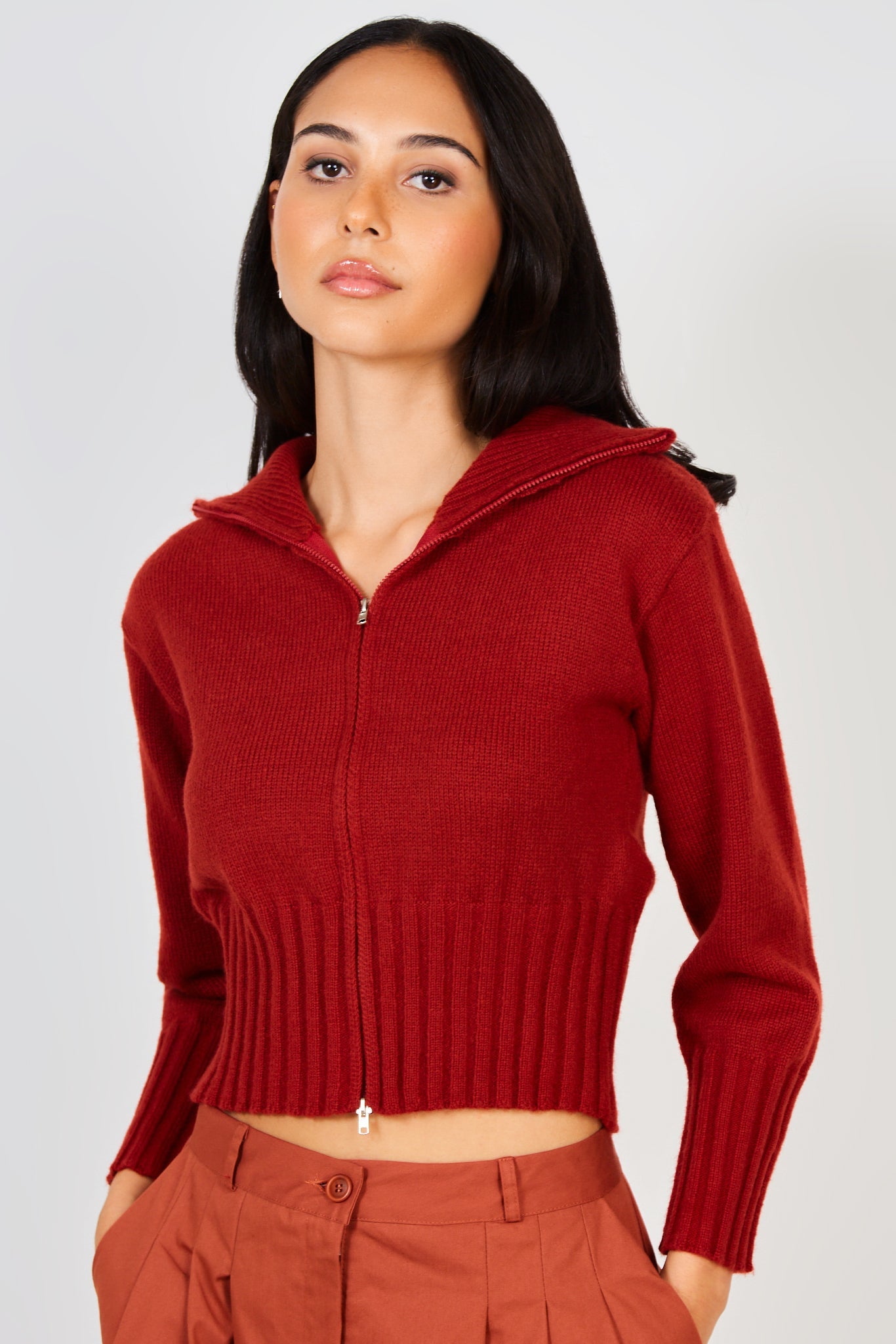 Burgundy high neck double zip cardigan_1